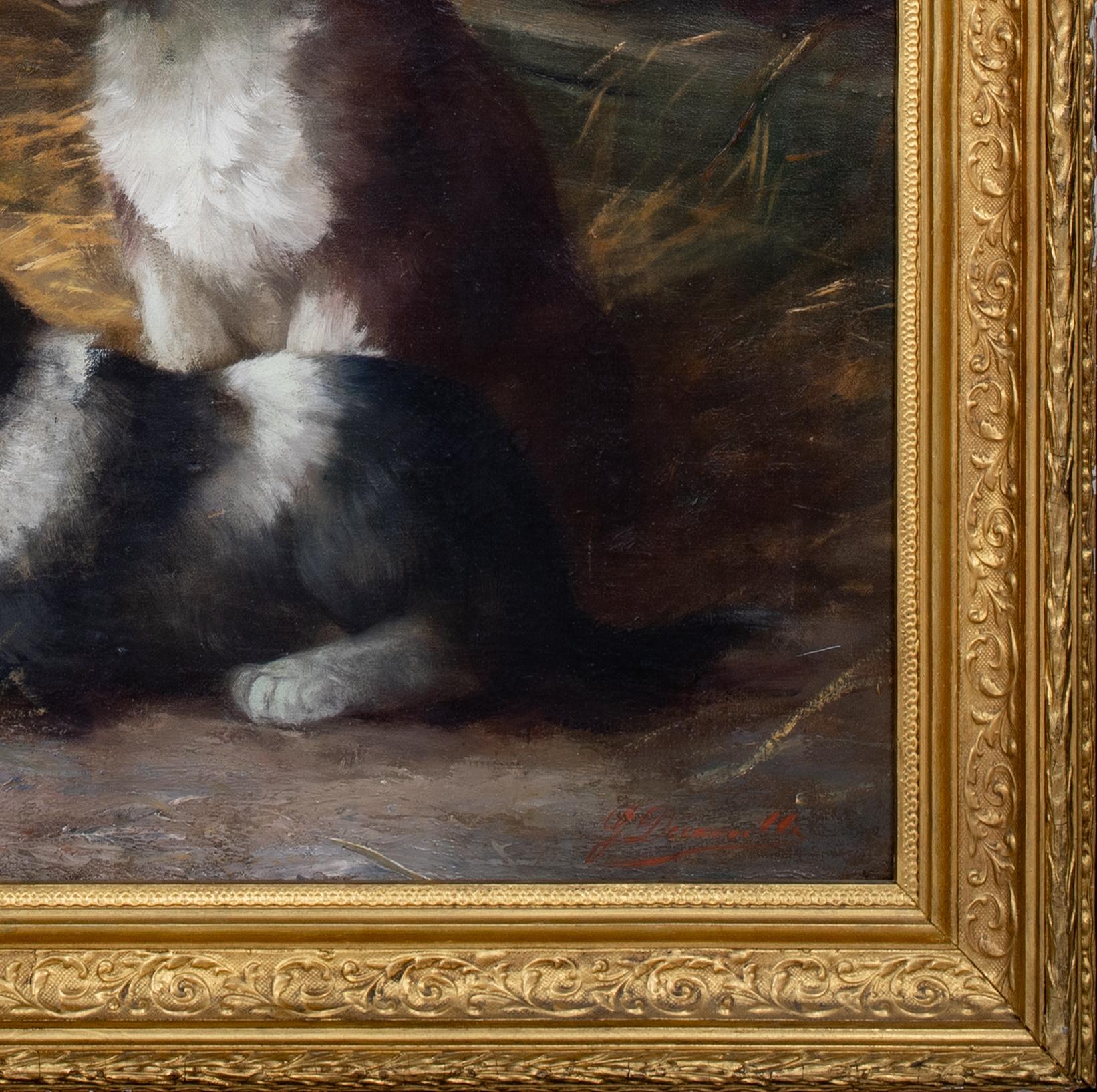 French Spaniel Puppies In A Barn, 19th Century

French School - by G De Cauville

Large 19th Century French barn/stable interior of French Spaniel puppies, oil on canvas. Excellent quality and condition, signed and presented in a good gilt