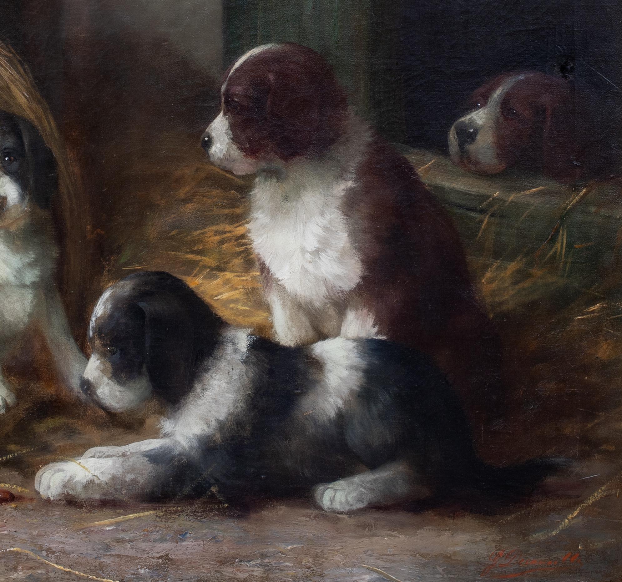 French Spaniel Puppies In A Barn, 19th Century  French School - by G De Cauville For Sale 2