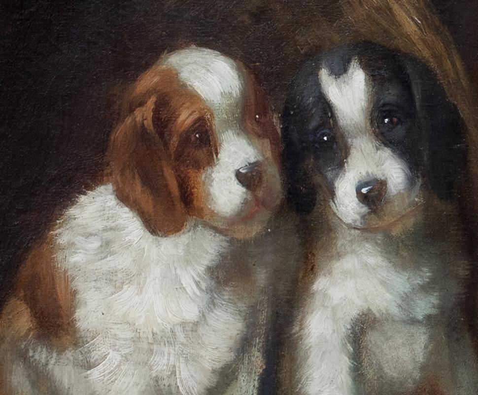 French Spaniel Puppies In A Barn, 19th Century  French School - by G De Cauville For Sale 4