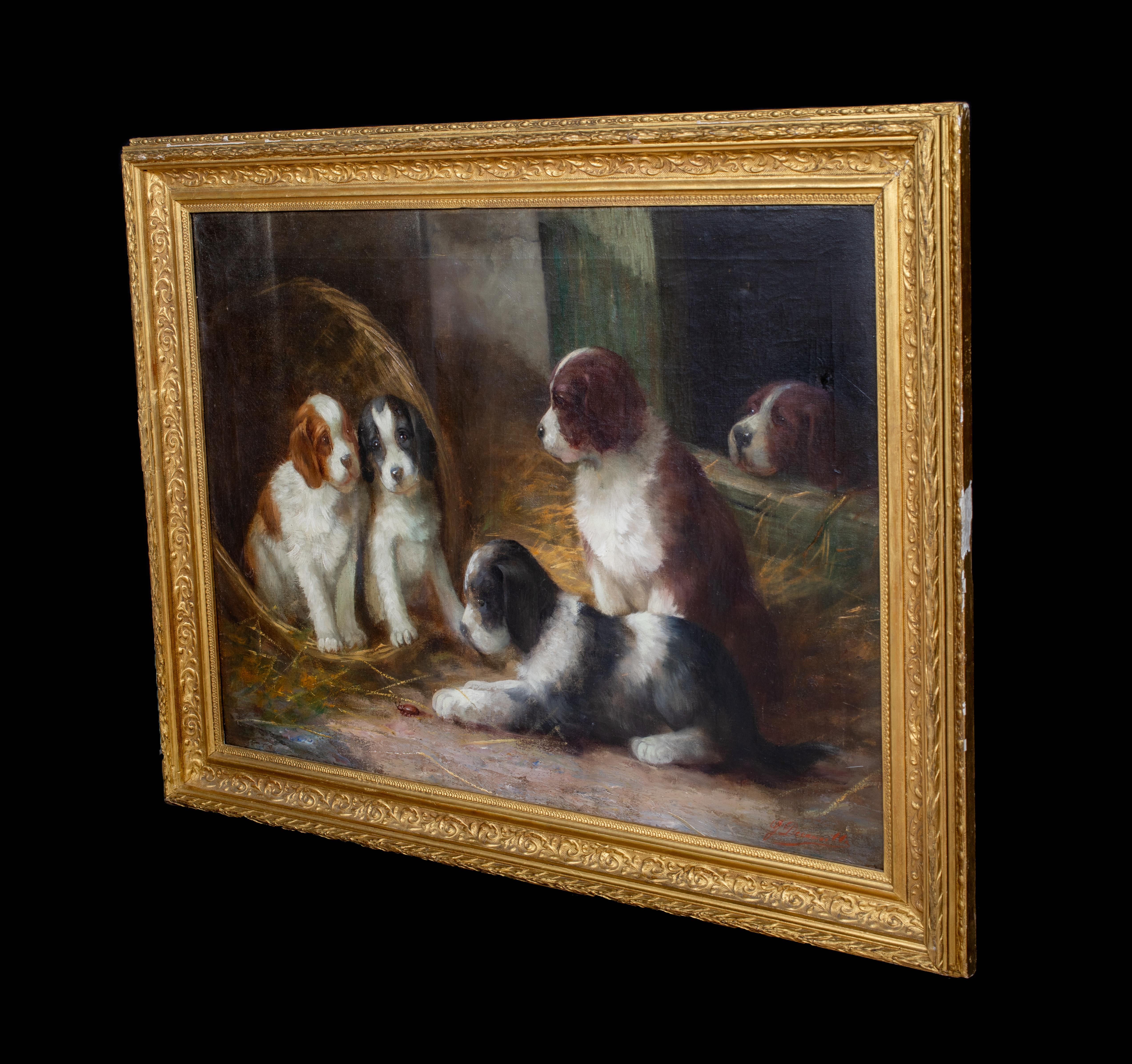 French Spaniel Puppies In A Barn, 19th Century  French School - by G De Cauville For Sale 5