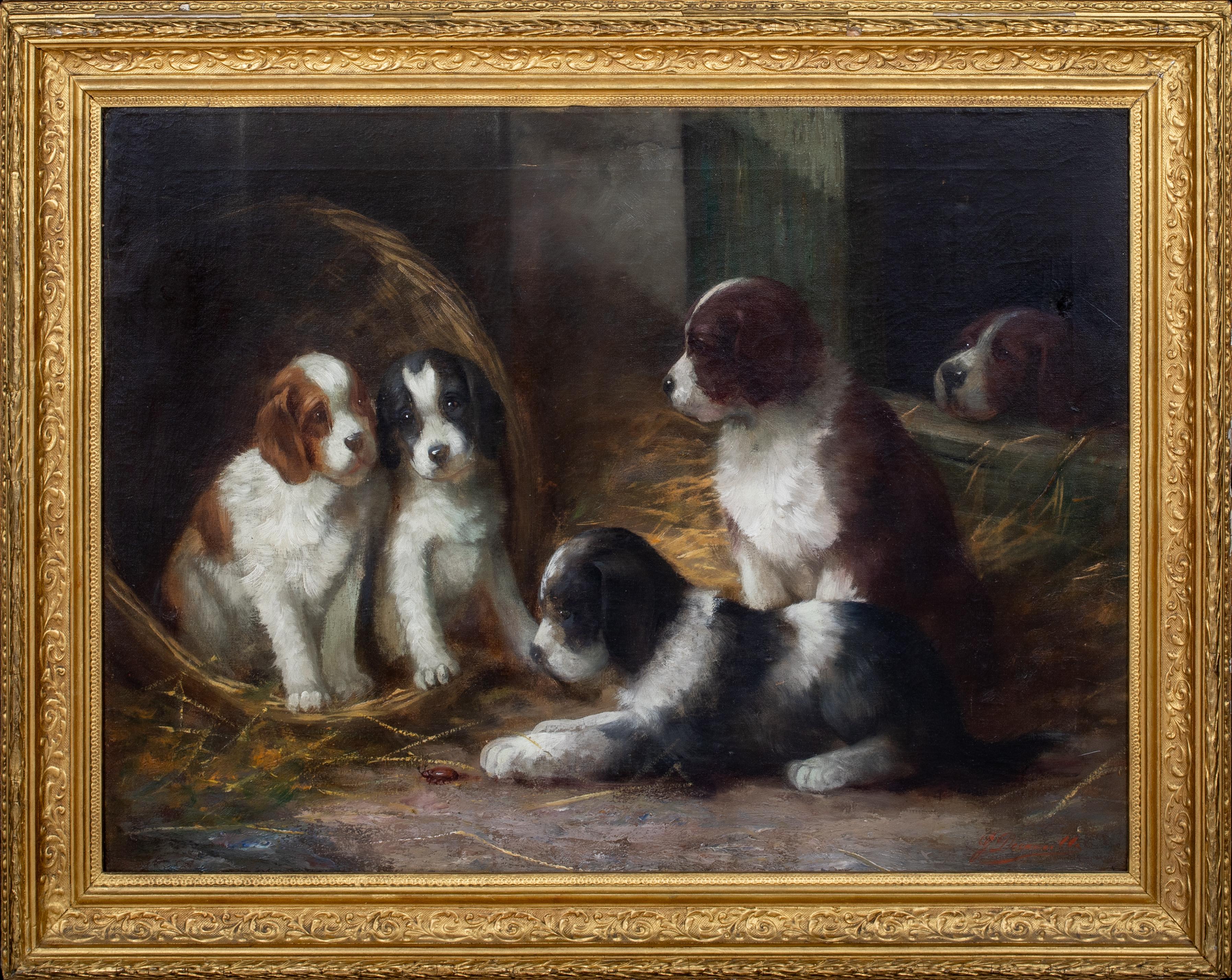 Unknown Animal Painting - French Spaniel Puppies In A Barn, 19th Century  French School - by G De Cauville