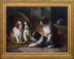 French Spaniel Puppies In A Barn, 19th Century  French School - by G De Cauville