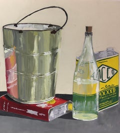 French Still Life Painting - Motor Oil Cans on Table