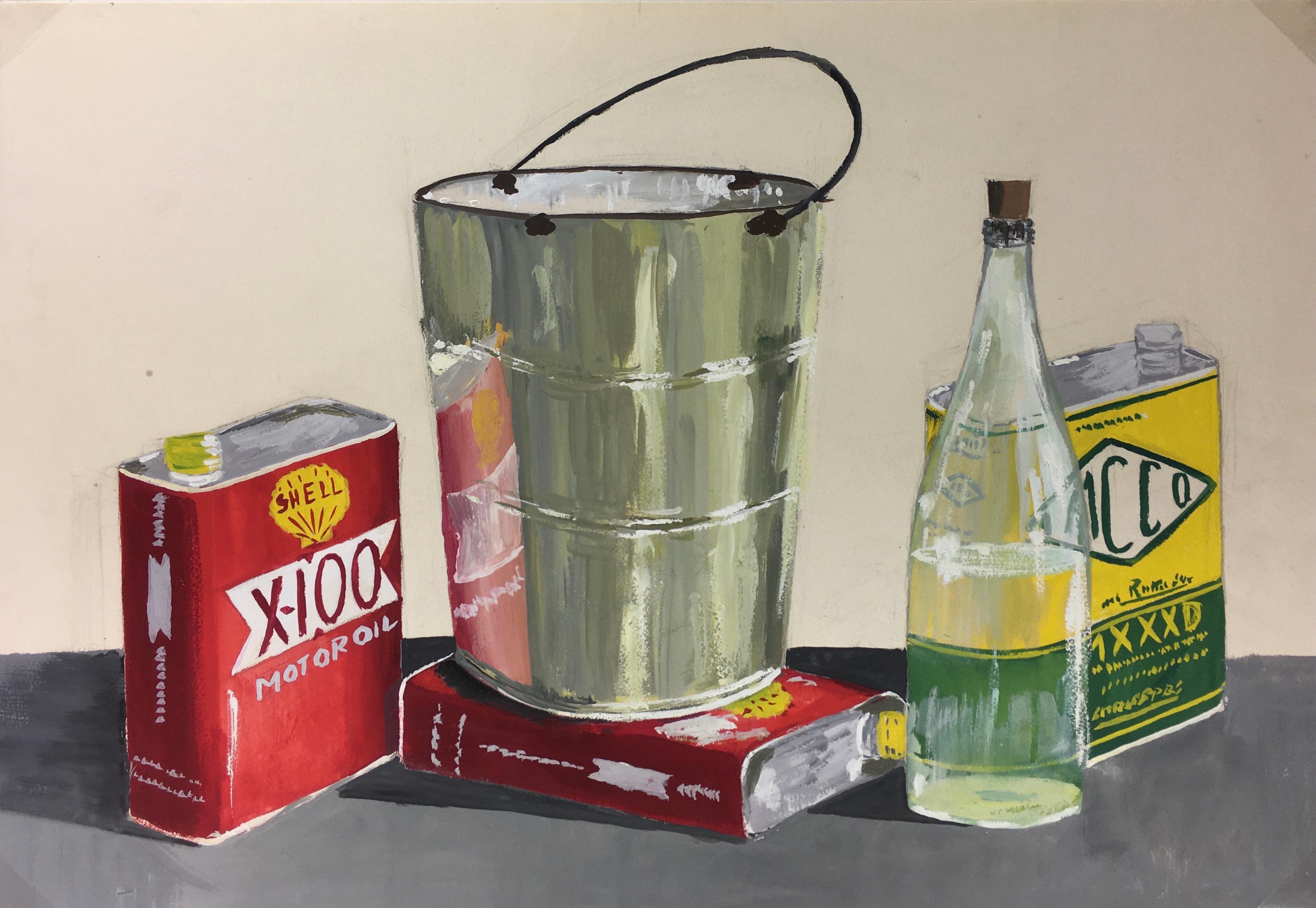 Unknown Still-Life Painting - French Still Life Painting - Motor Oil Cans on Table