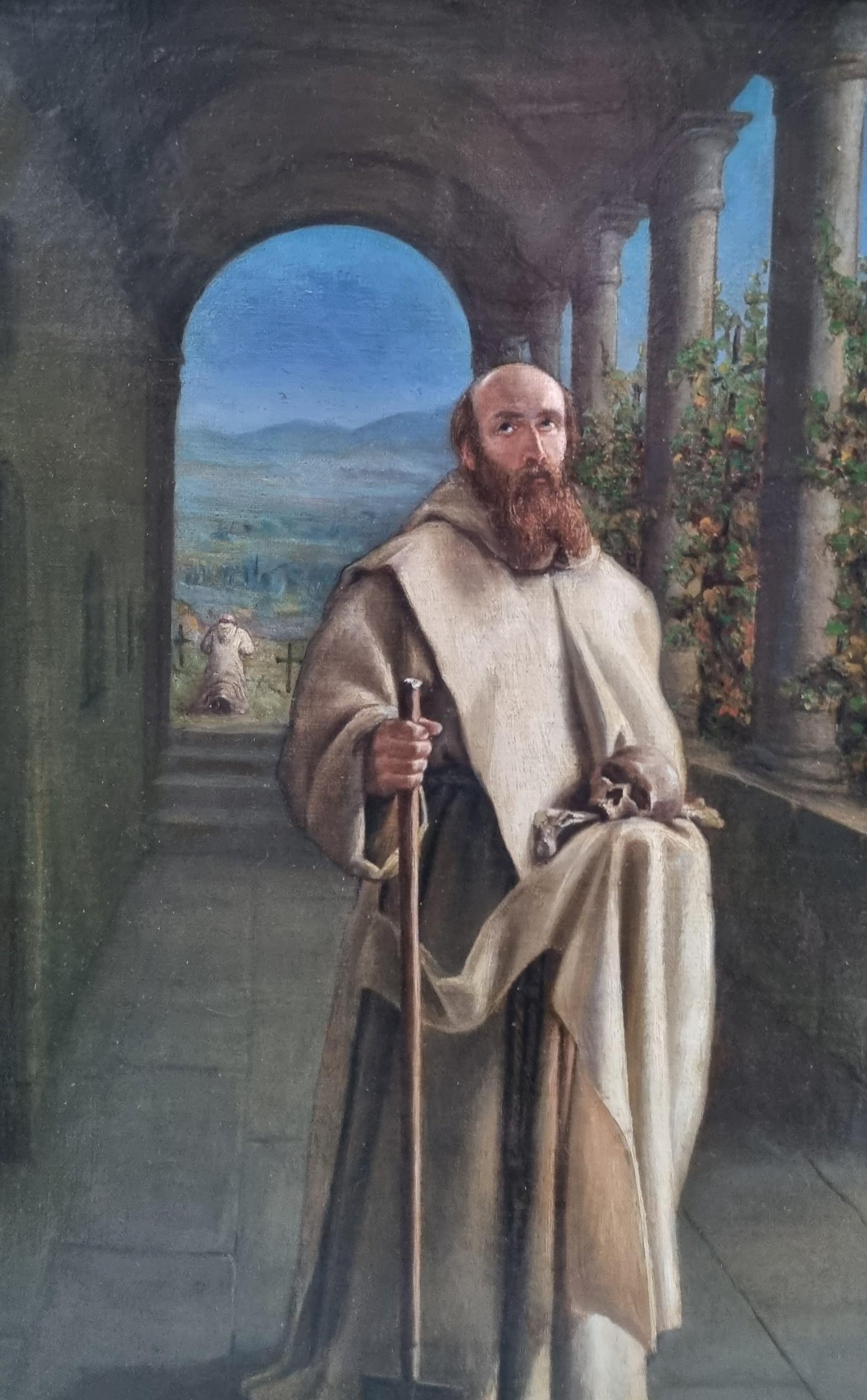 French Troubadour Religious Painting Monks Relics 19th - Black Figurative Painting by Unknown