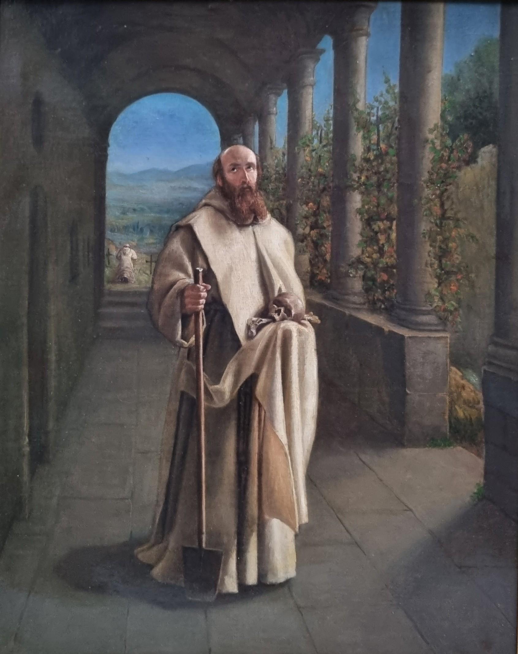 Quadro religioso francese Troubadour Reliquie di monaci del 19° secolo