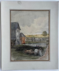 French Watermill Landscape with Cart and Cattle Watercolour 1860