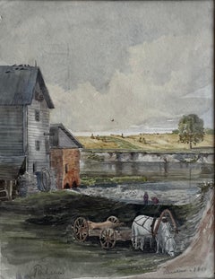 French Watermill Landscape with Cart and Cattle Watercolour 1860