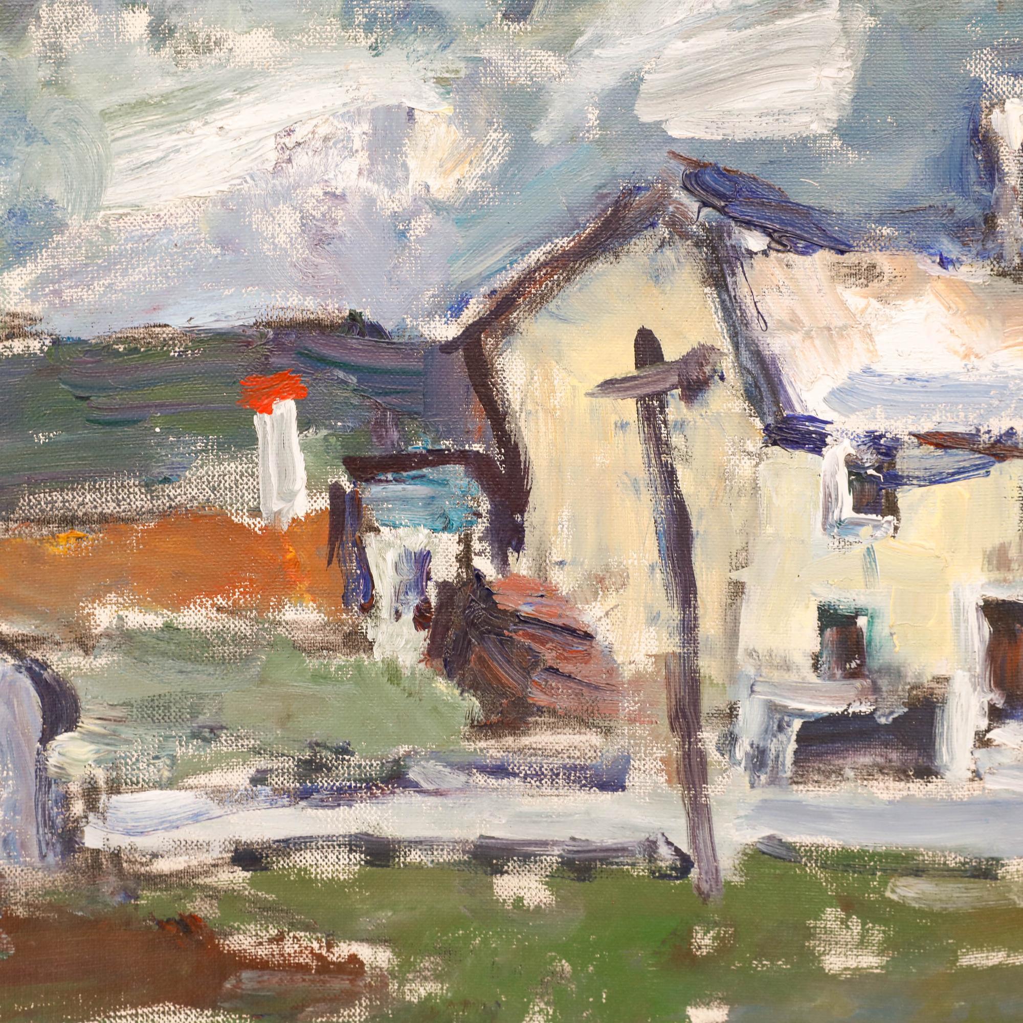Eine ausdrucksstarke Landschaft des Künstlers Friedrich August Bierschneider (1941-2012), die eine ländliche Dorfszene darstellt. Die Künstlerin verwendet kühne, gestische Pinselstriche und eine kühle Palette von Blau-, Weiß- und Grüntönen mit