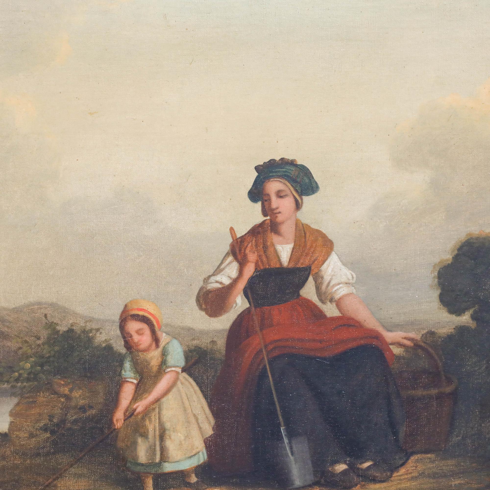 Cette scène pastorale représente une mère et son enfant en tenue rurale traditionnelle, dans un paysage paisible de collines ondulantes et d'un plan d'eau serein. La composition attire l'attention du spectateur sur les sujets centraux, tandis que