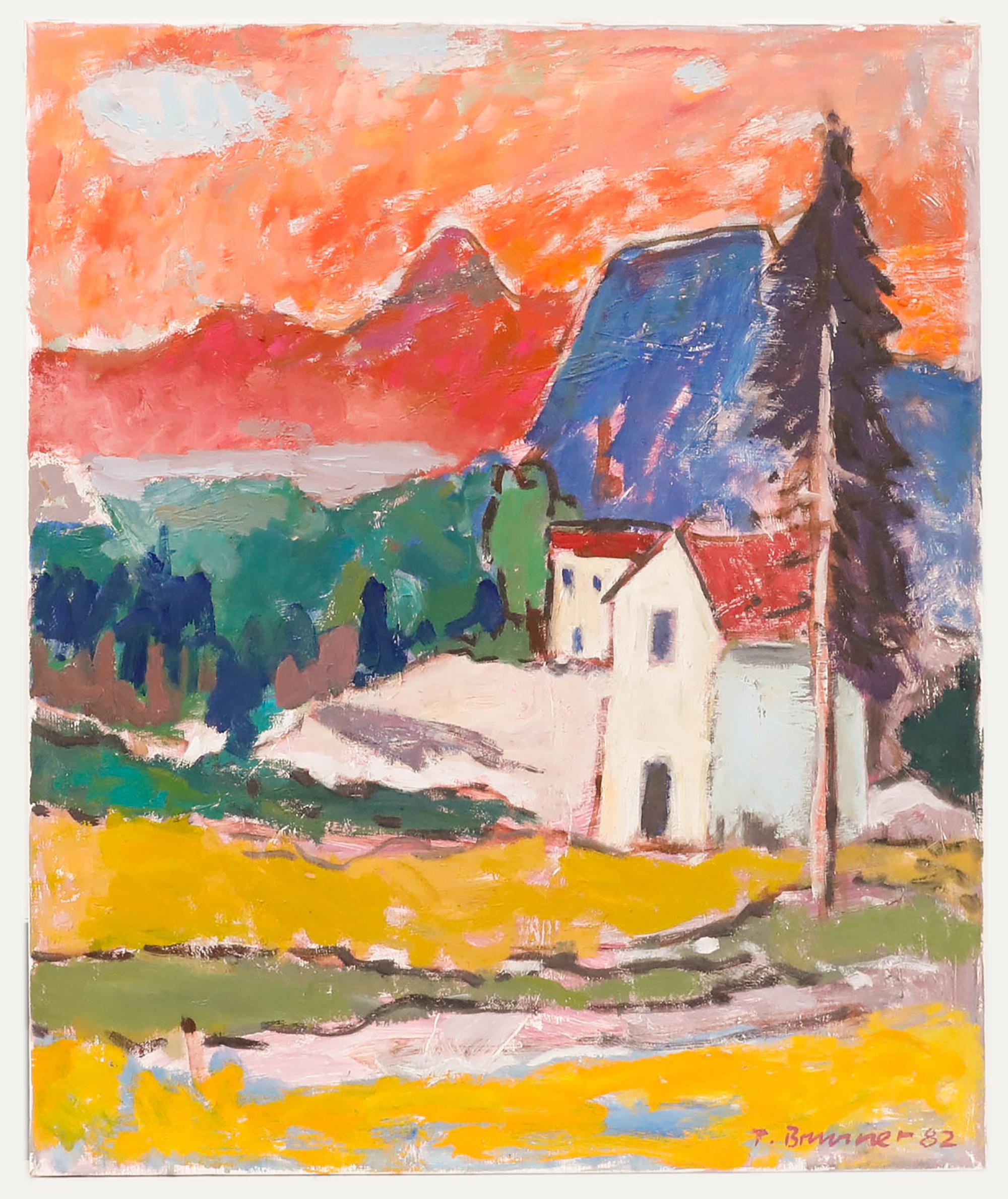 Fritz Brunner (1908-1996) - 1982 Oil, Sunset Over the Village - Painting by Unknown