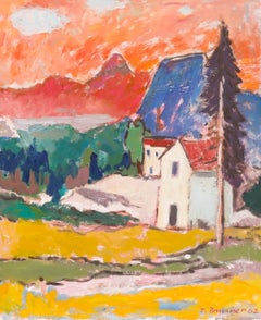 Fritz Brunner (1908-1996) - 1982 Óleo, Atardecer sobre el pueblo