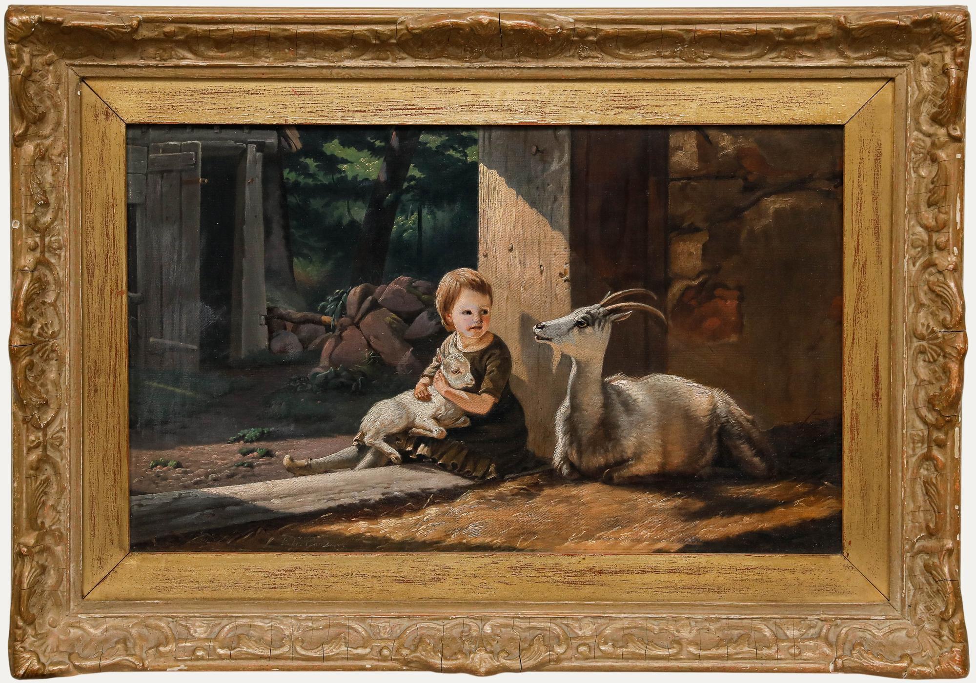 Unknown Figurative Painting – Fritz Gotfred Thomsen (1819-1891) - Ende 19. Jahrhundert Öl, Junges Mädchen mit Ziegen