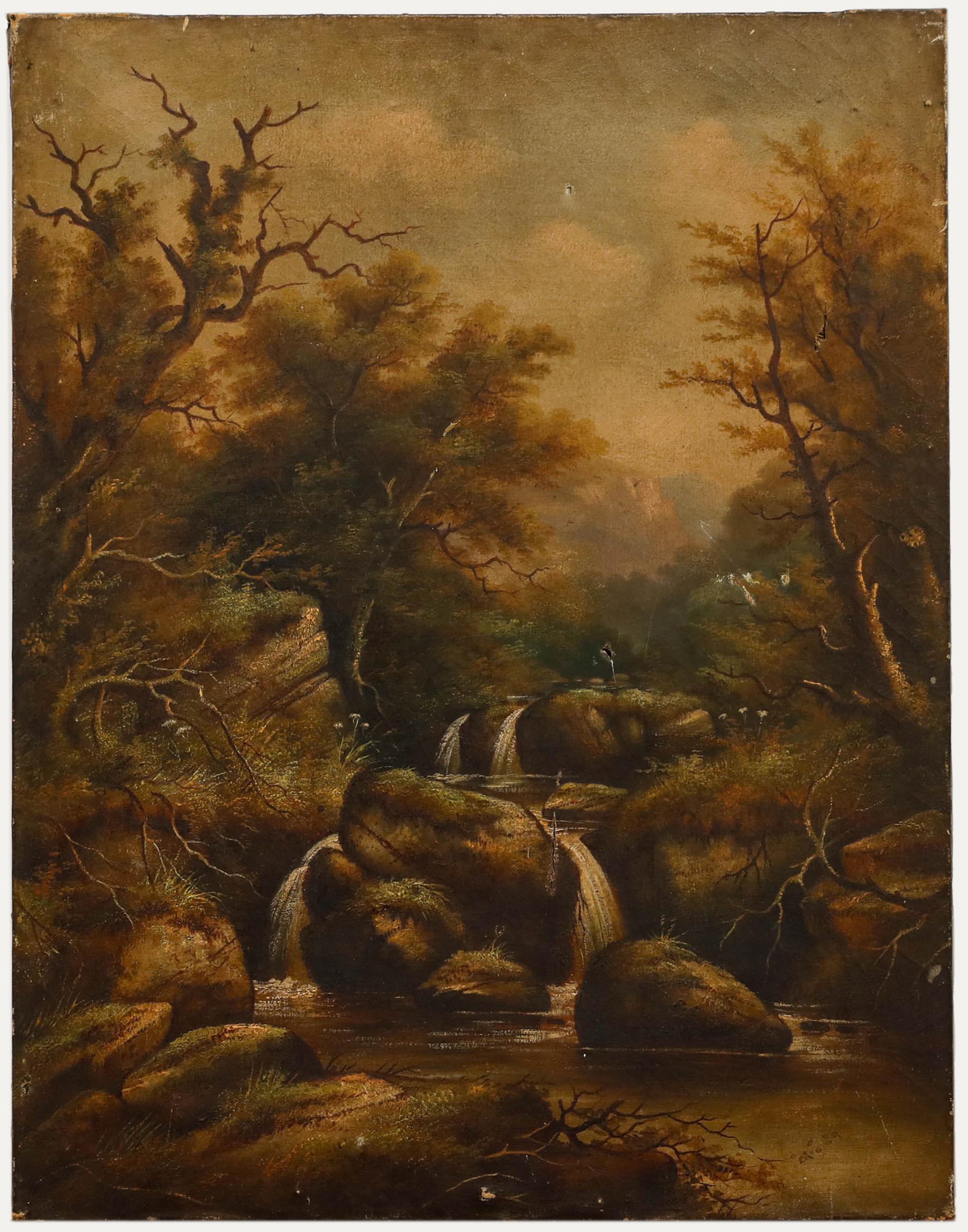 Landscape Painting Unknown - De la restauration Fin du 19e siècle Huile - Rivière Cascade
