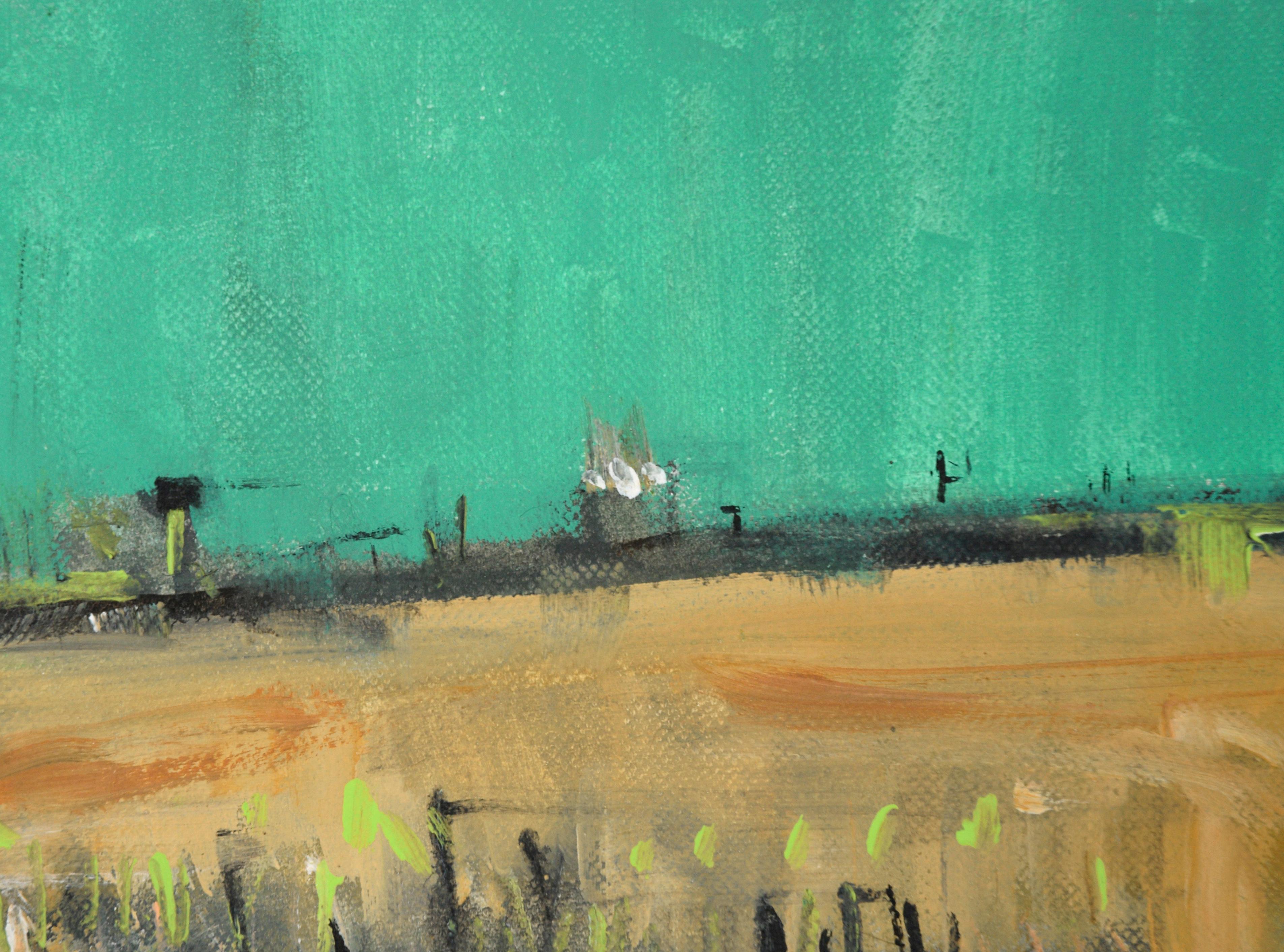 Field givré avec ciel sarcelle, paysage - Painting de Unknown