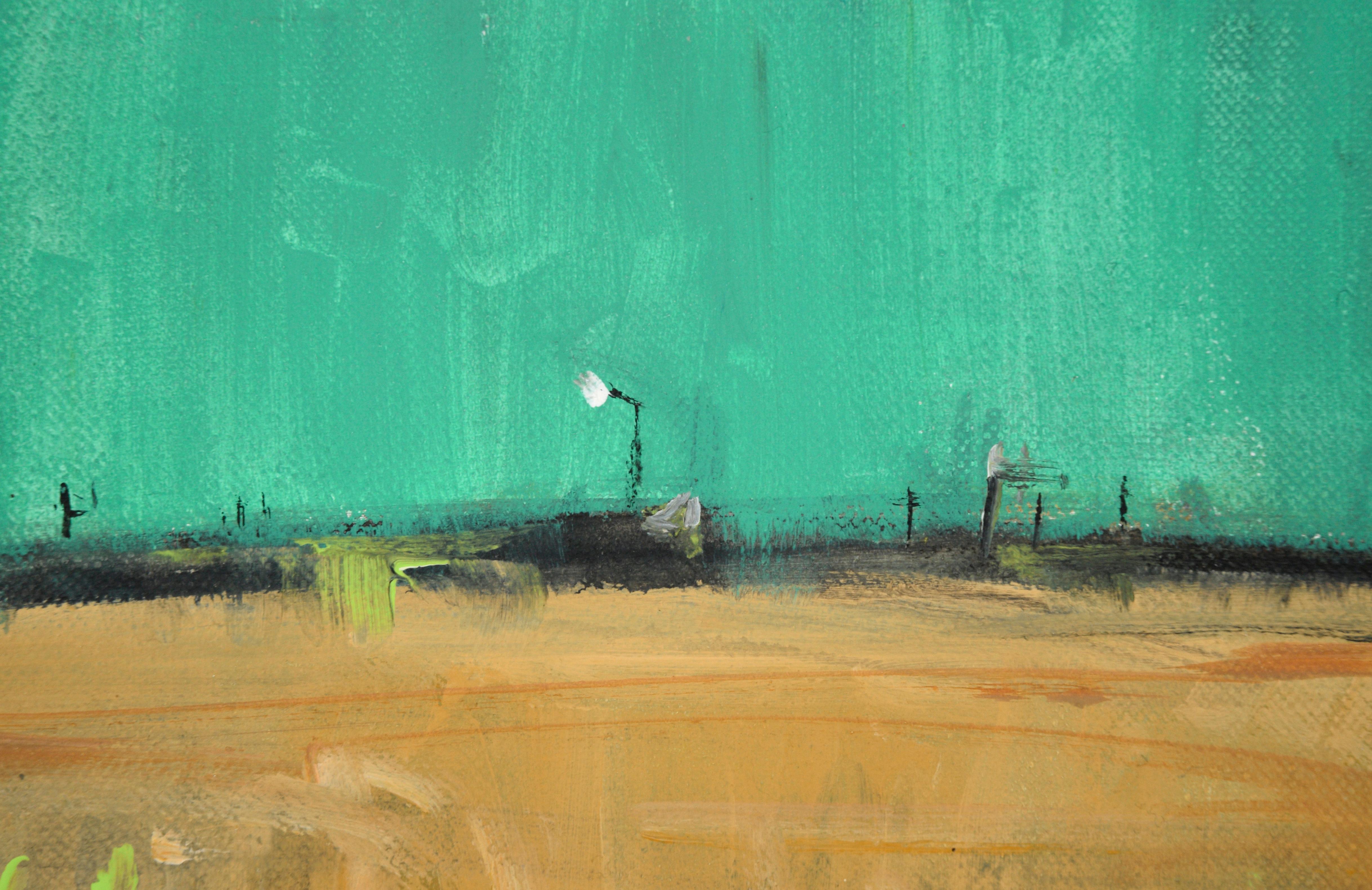 Field givré avec ciel sarcelle, paysage - Impressionnisme américain Painting par Unknown