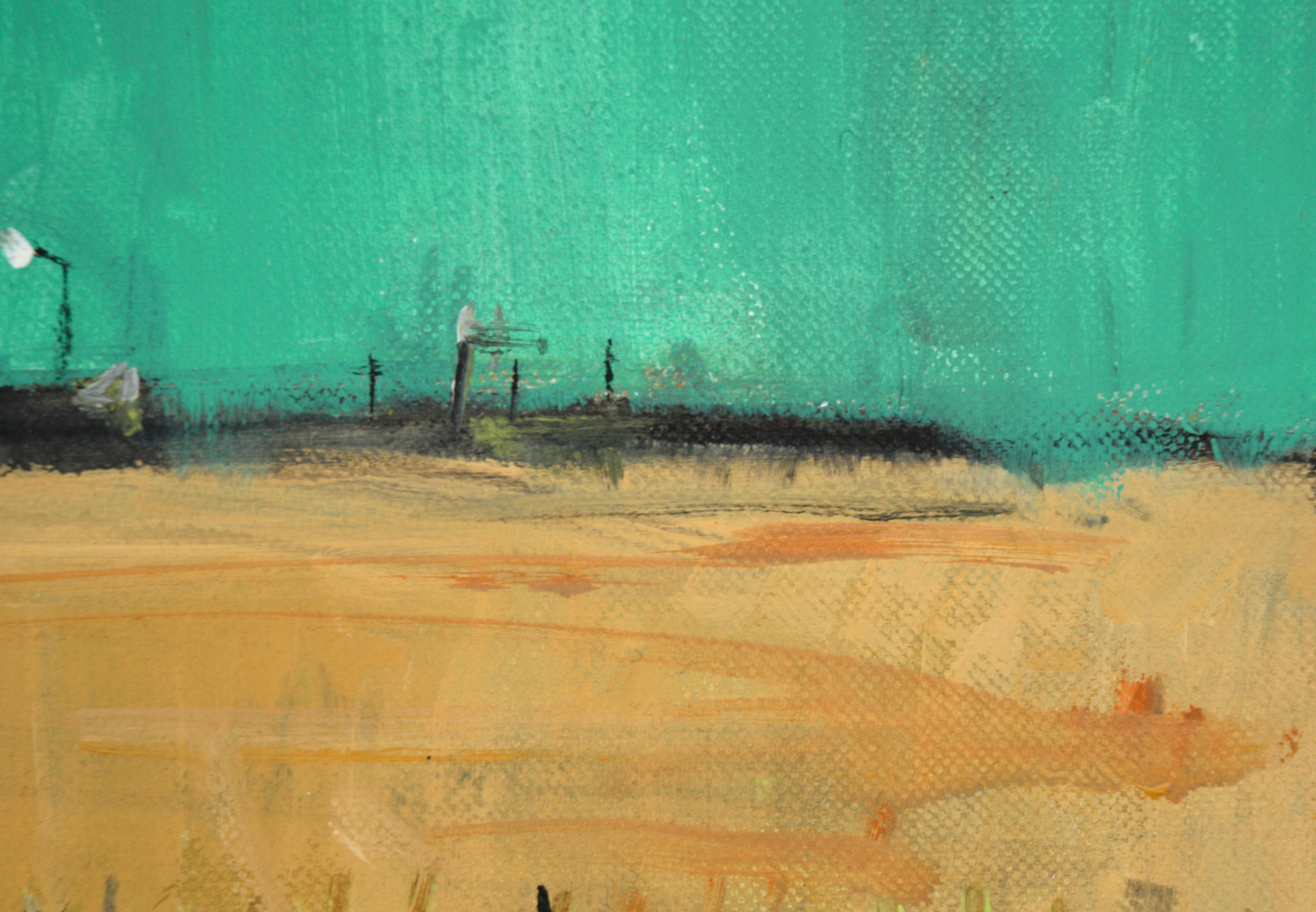 Field givré avec ciel sarcelle, paysage - Gris Landscape Painting par Unknown