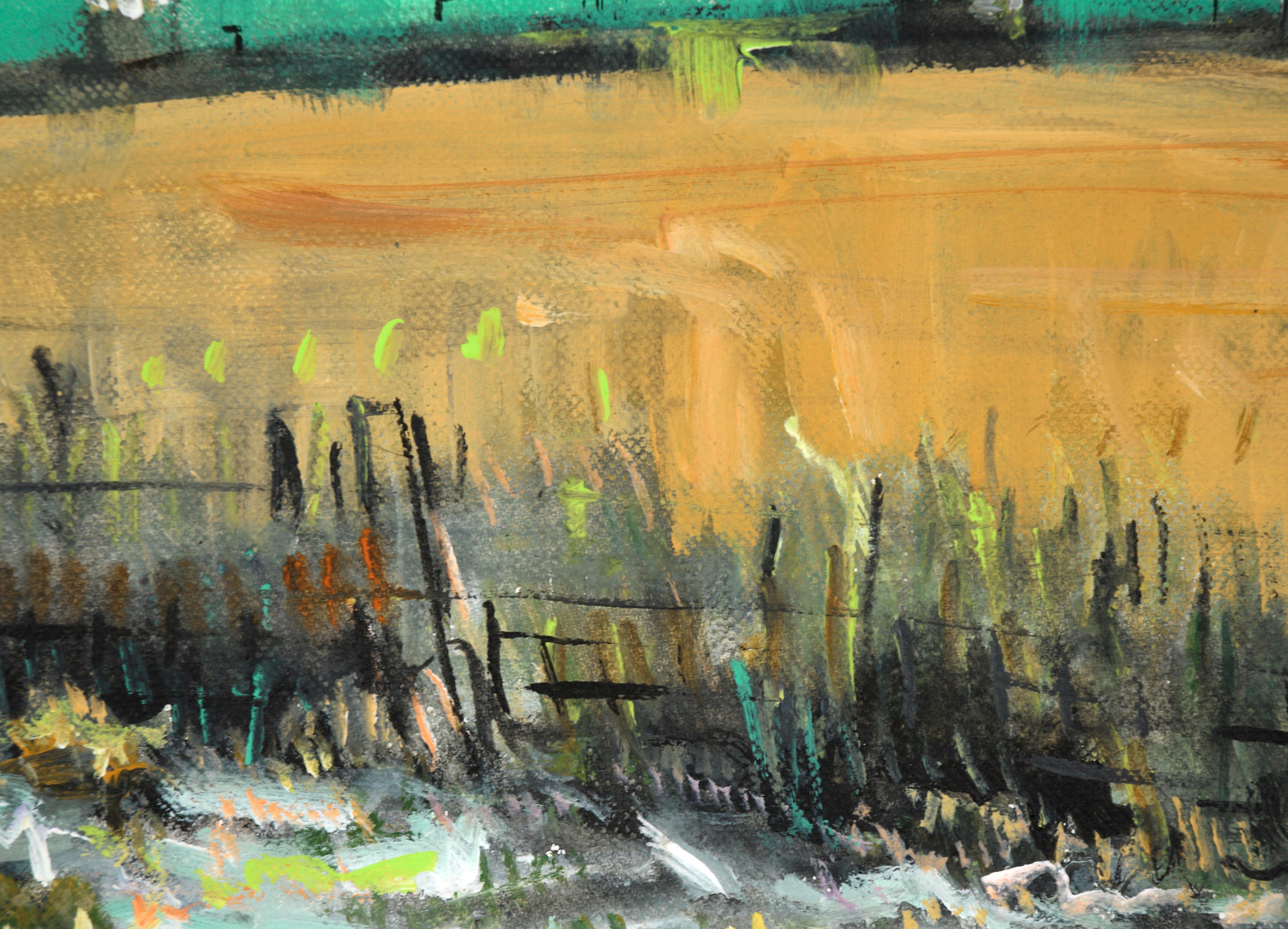 Frosty Field with a Teal Sky, Landscape - American Impressionist Painting by Unknown
