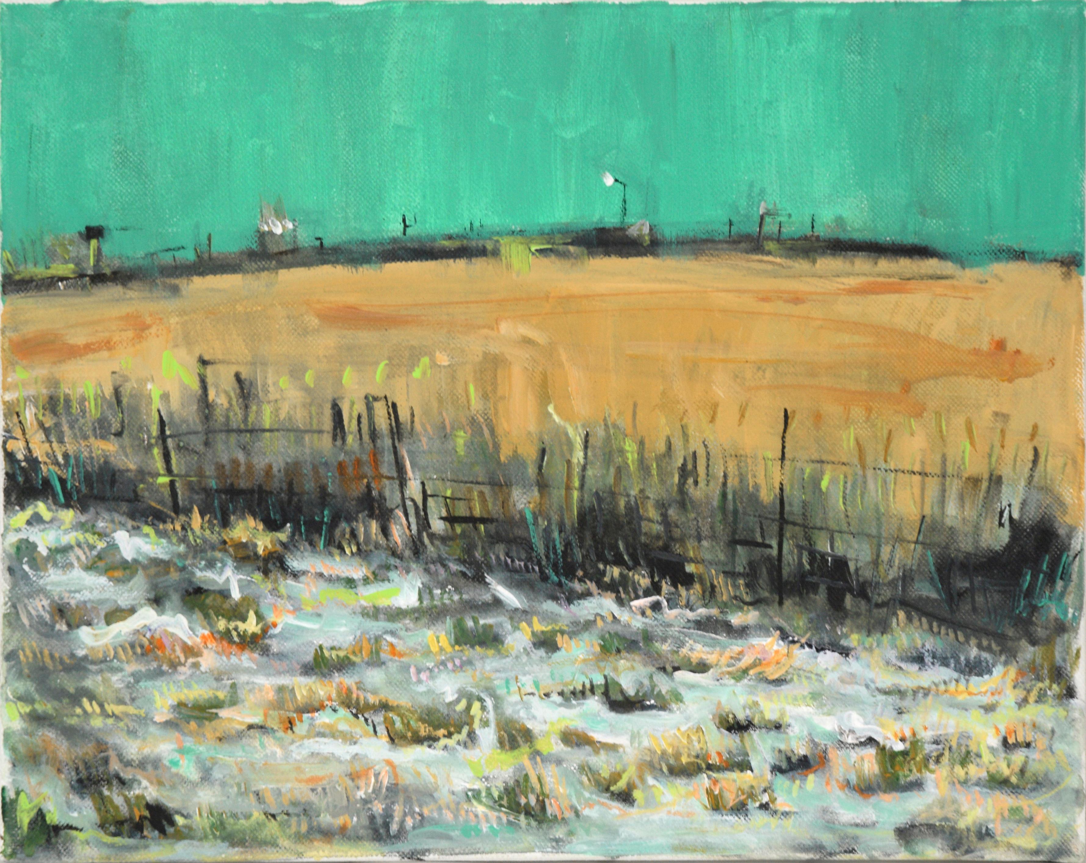 Landscape Painting Unknown - Field givré avec ciel sarcelle, paysage