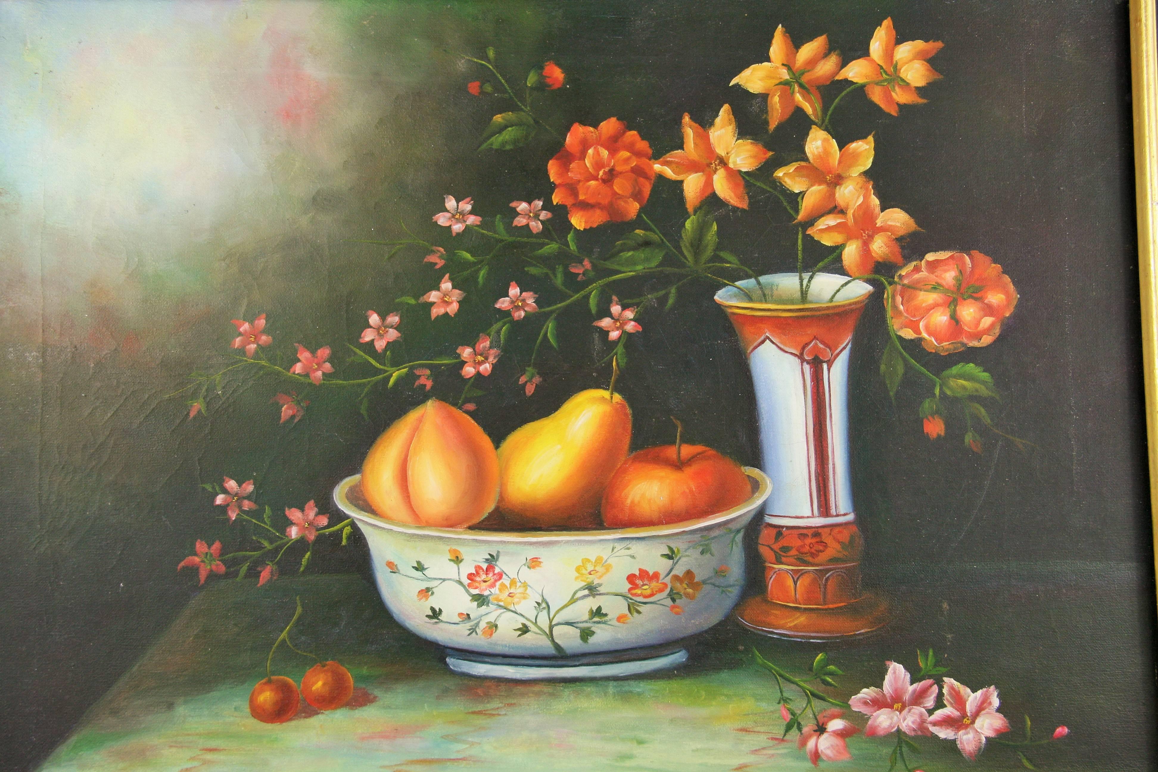  VintageFranzösisches Ölgemälde  Frucht  und Blumen Stillleben Innenmalerei – Painting von Unknown