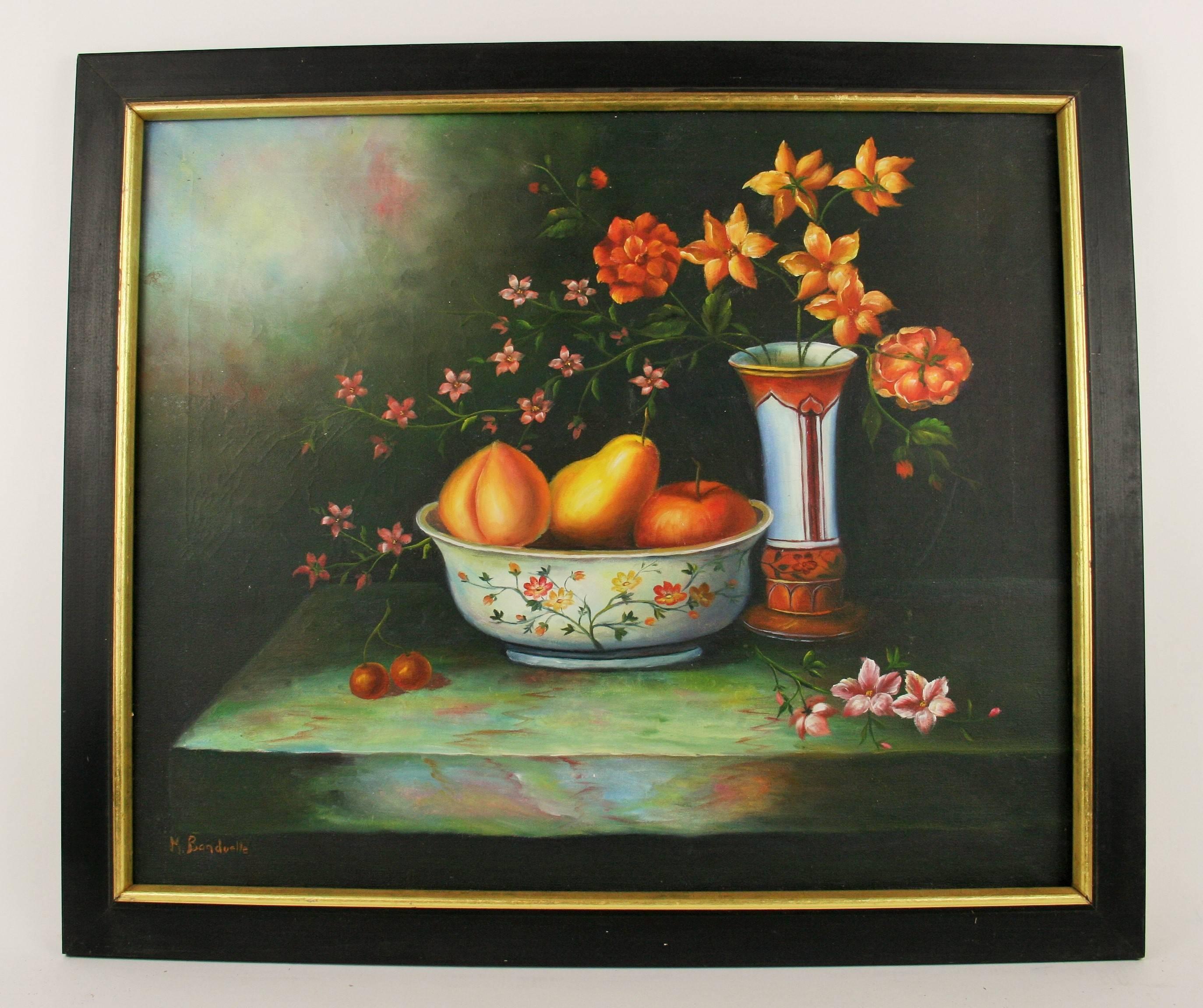  VintageFranzösisches Ölgemälde  Frucht  und Blumen Stillleben Innenmalerei (Schwarz), Still-Life Painting, von Unknown