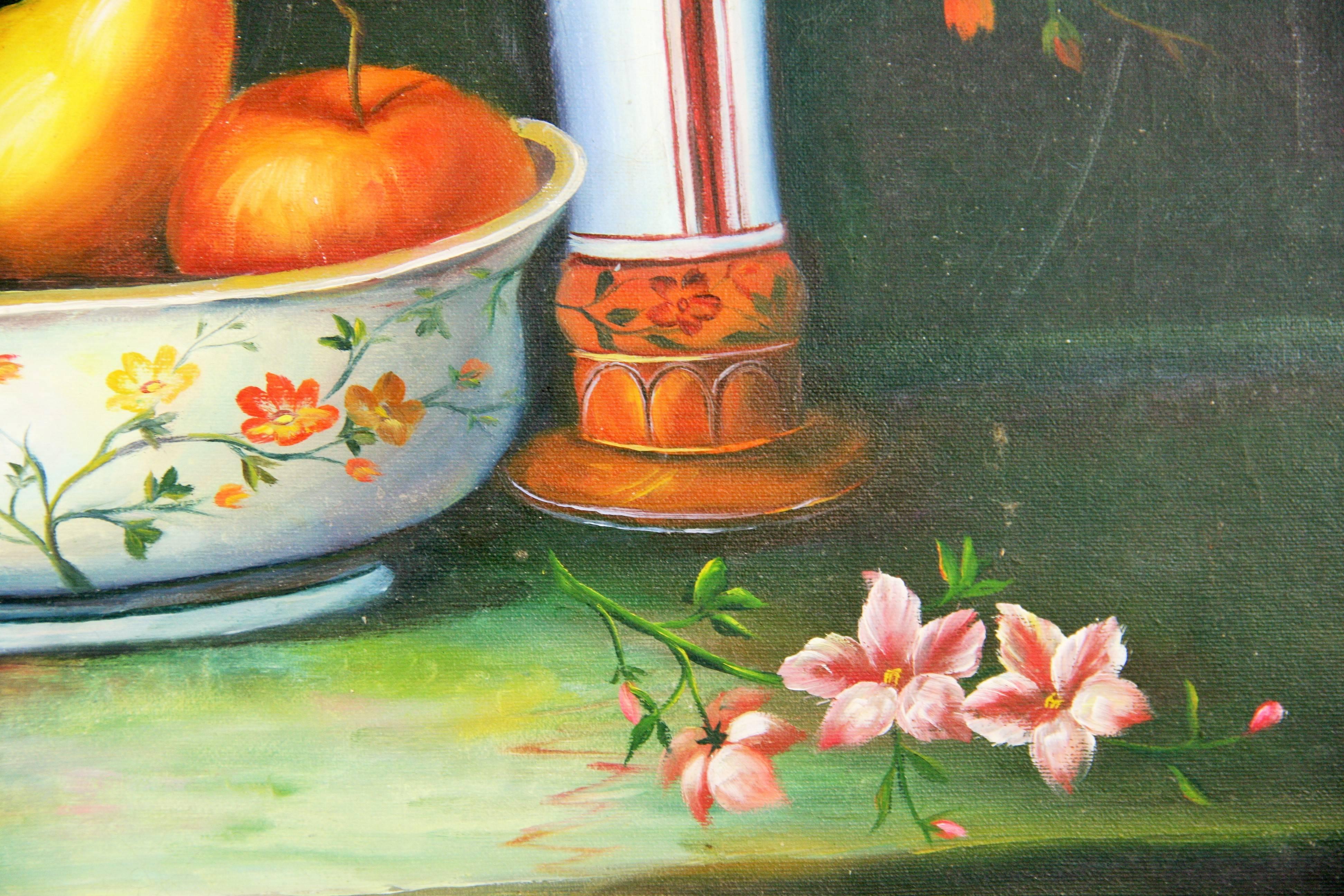 #Nr. 5-3421 Obst- und Blumenstillleben, Öl auf Leinwand, in einem schwarz-vergoldeten Holzrahmen, links unten von Bounduelle signiert