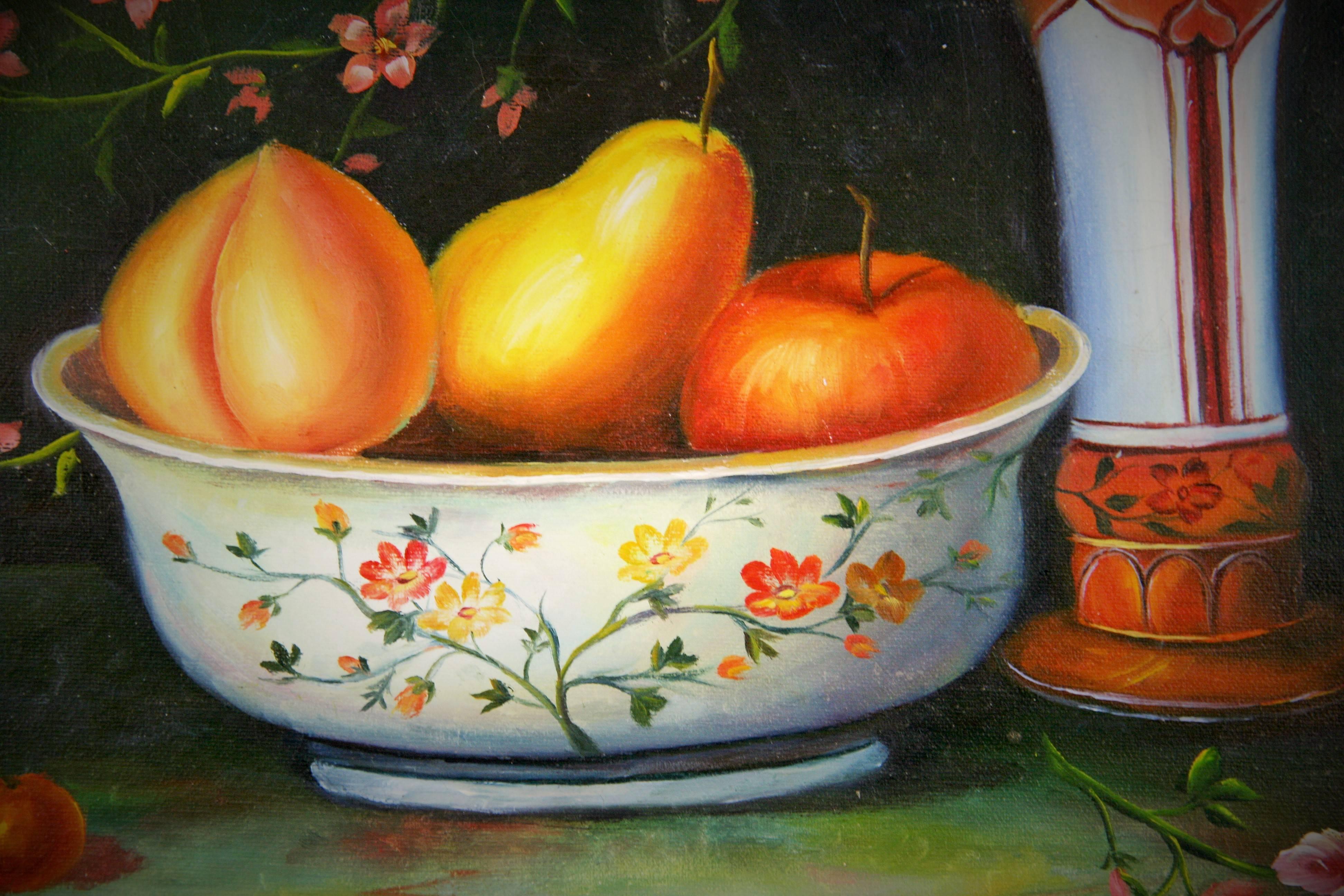  VintageFrench Oil Painting  Fruit  and Flowers Still Life Interior Painting - Black Still-Life Painting by Unknown