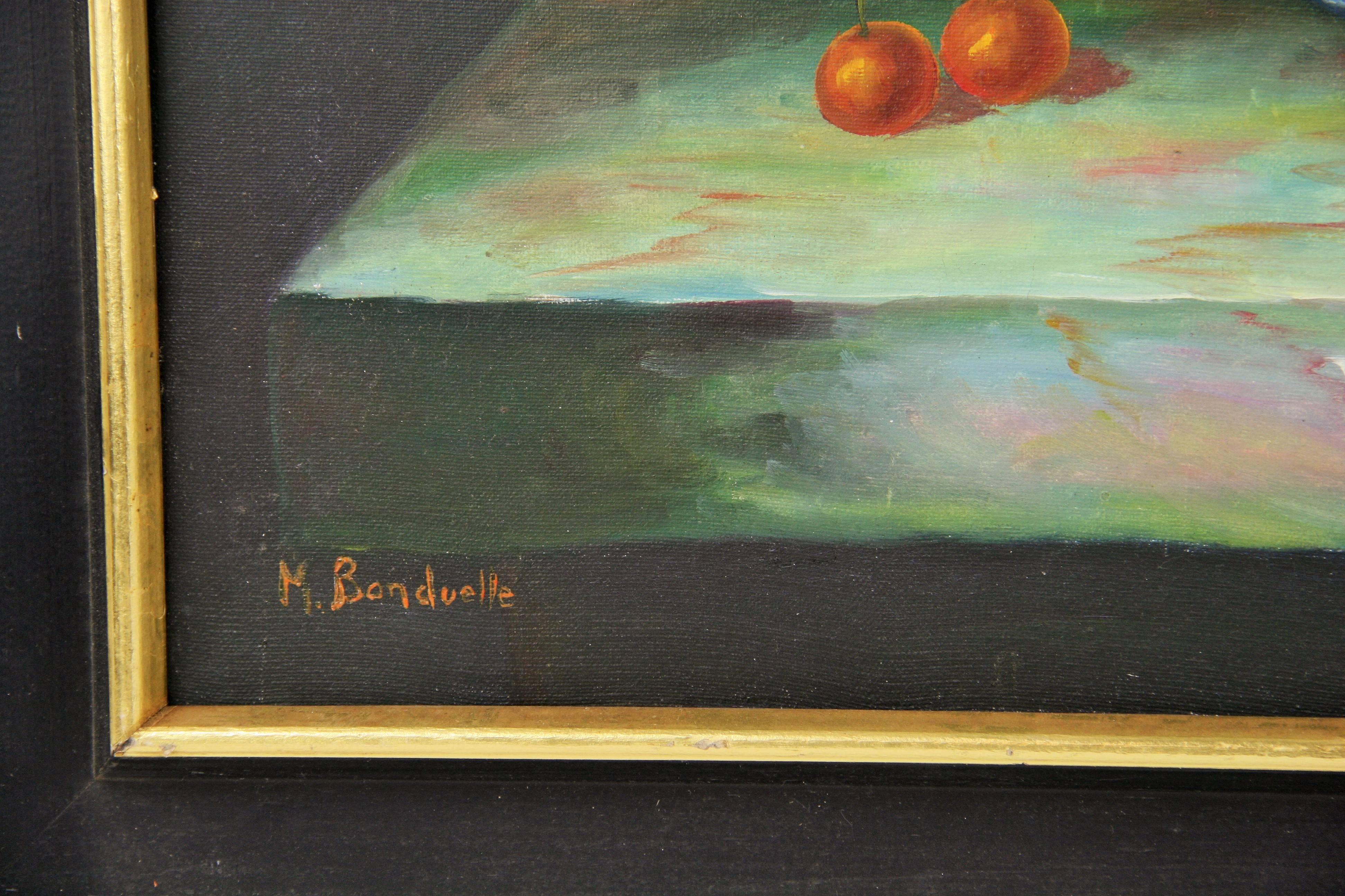 #5-3421 A fruit and flowers still life painting, oil on canvas displayed in a black-gilt trim wood frame.Signed lower left by Bounduelle