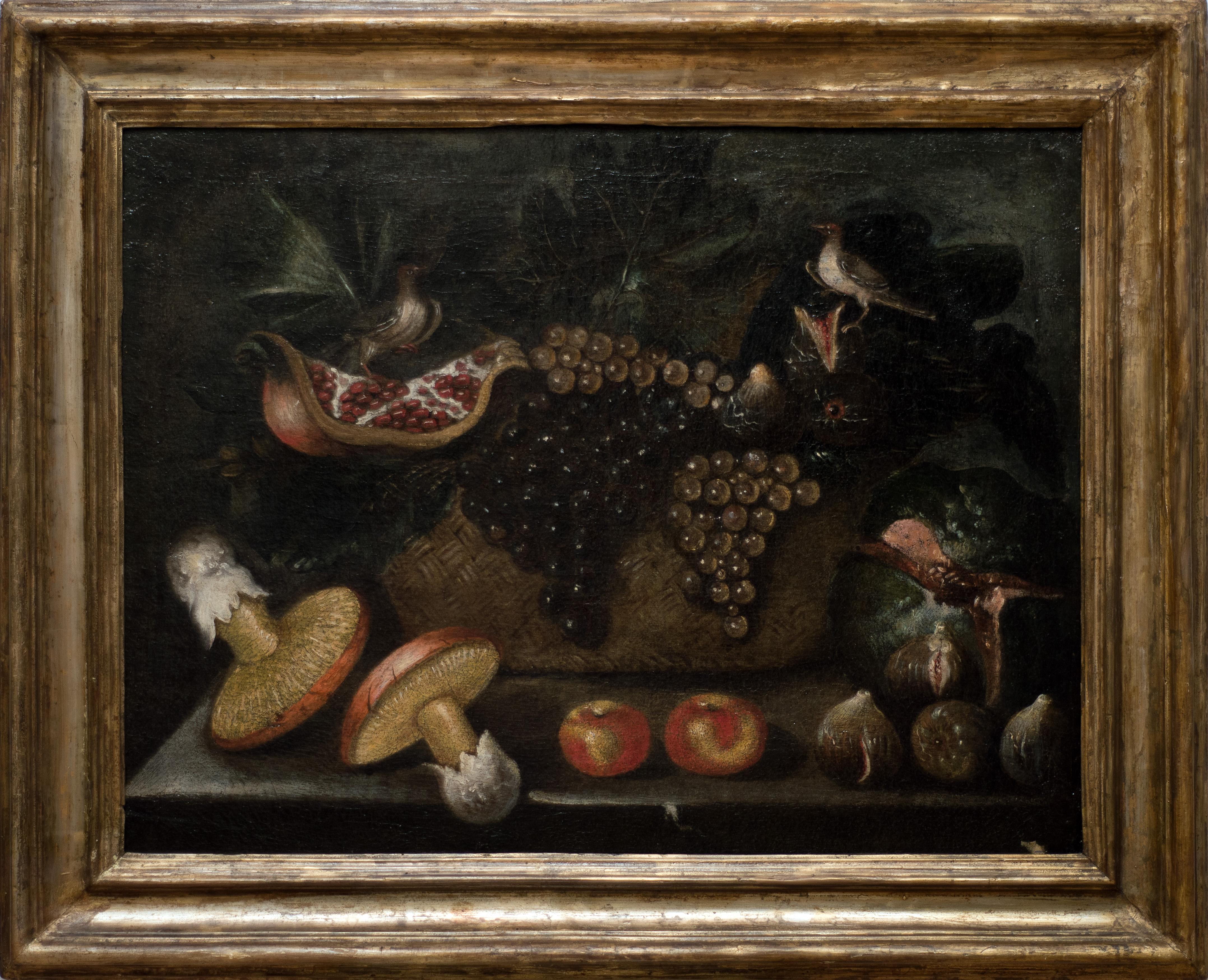 Fruit Basket with Mushrooms and Little Birds, by 17th Century Master - Painting by Unknown