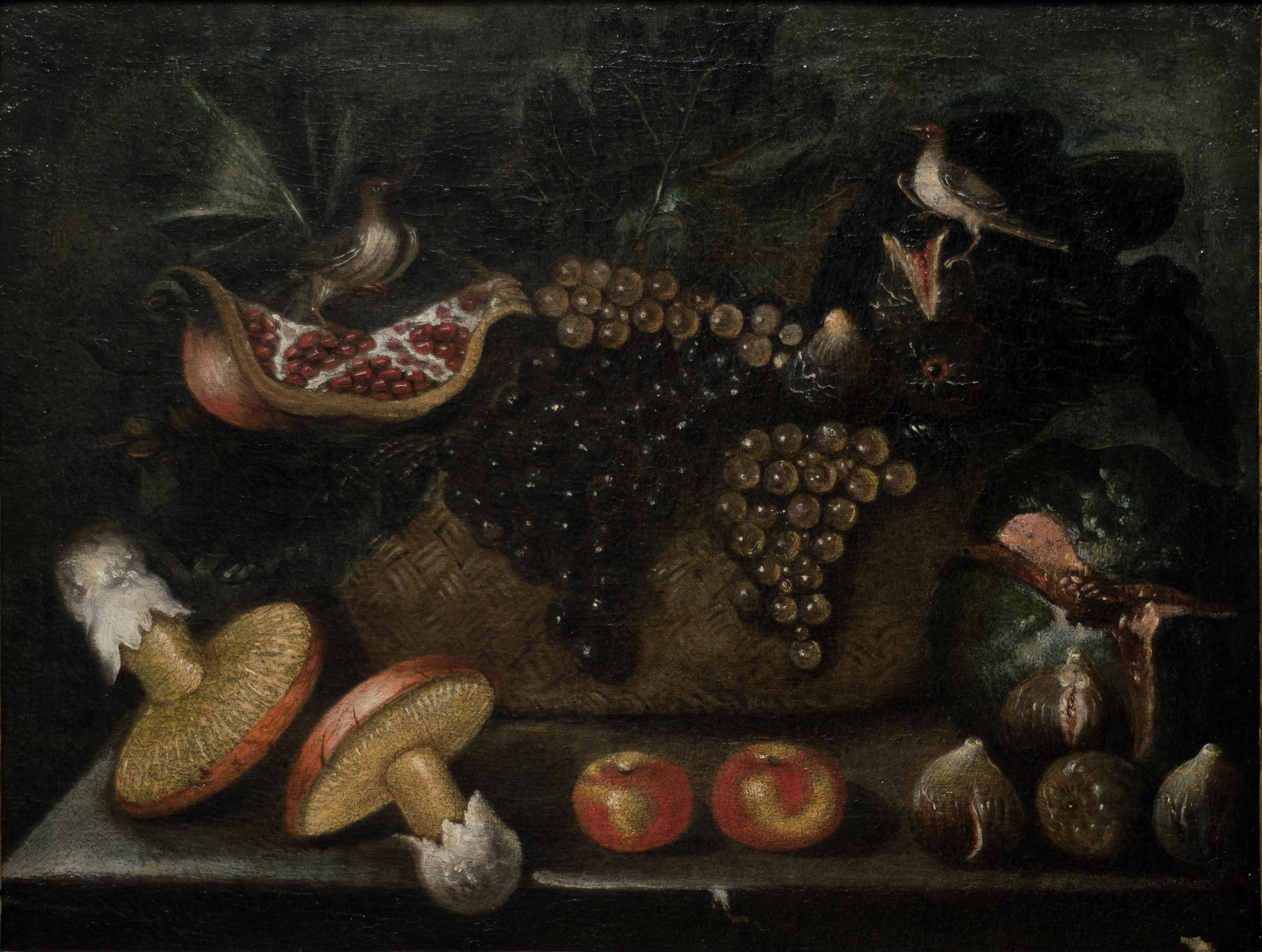 Unknown Figurative Painting - Fruit Basket with Mushrooms and Little Birds, by 17th Century Master