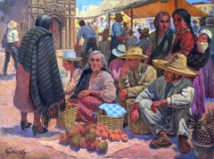 Fruit Sellers in the Market, Folk Art Oil on Canvas Painting by Jalal Gharbi