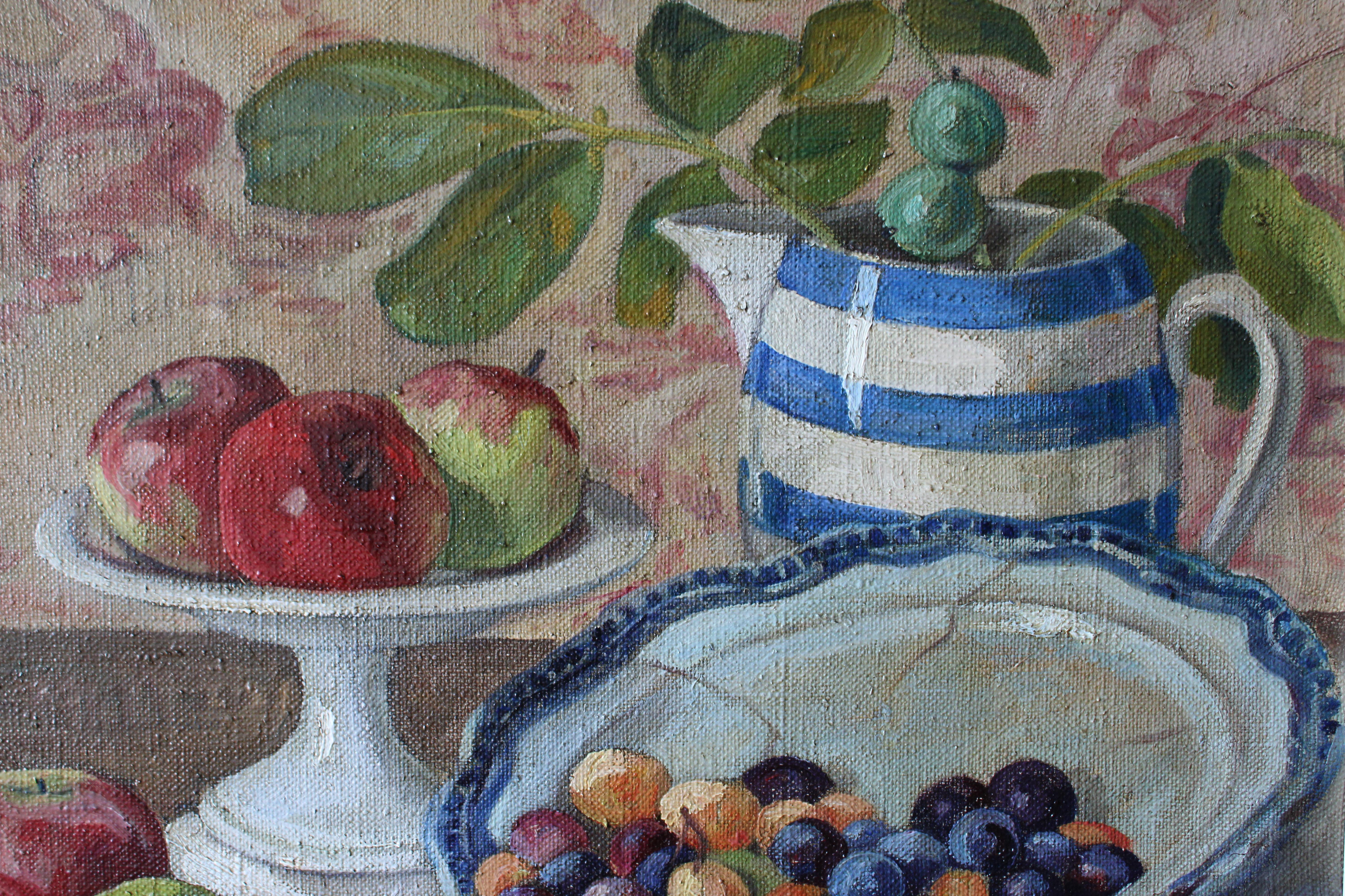 Natura morta di frutta con mele e prugne Natura morta francese degli anni '30 - Still-Life Painting Grigio di Unknown