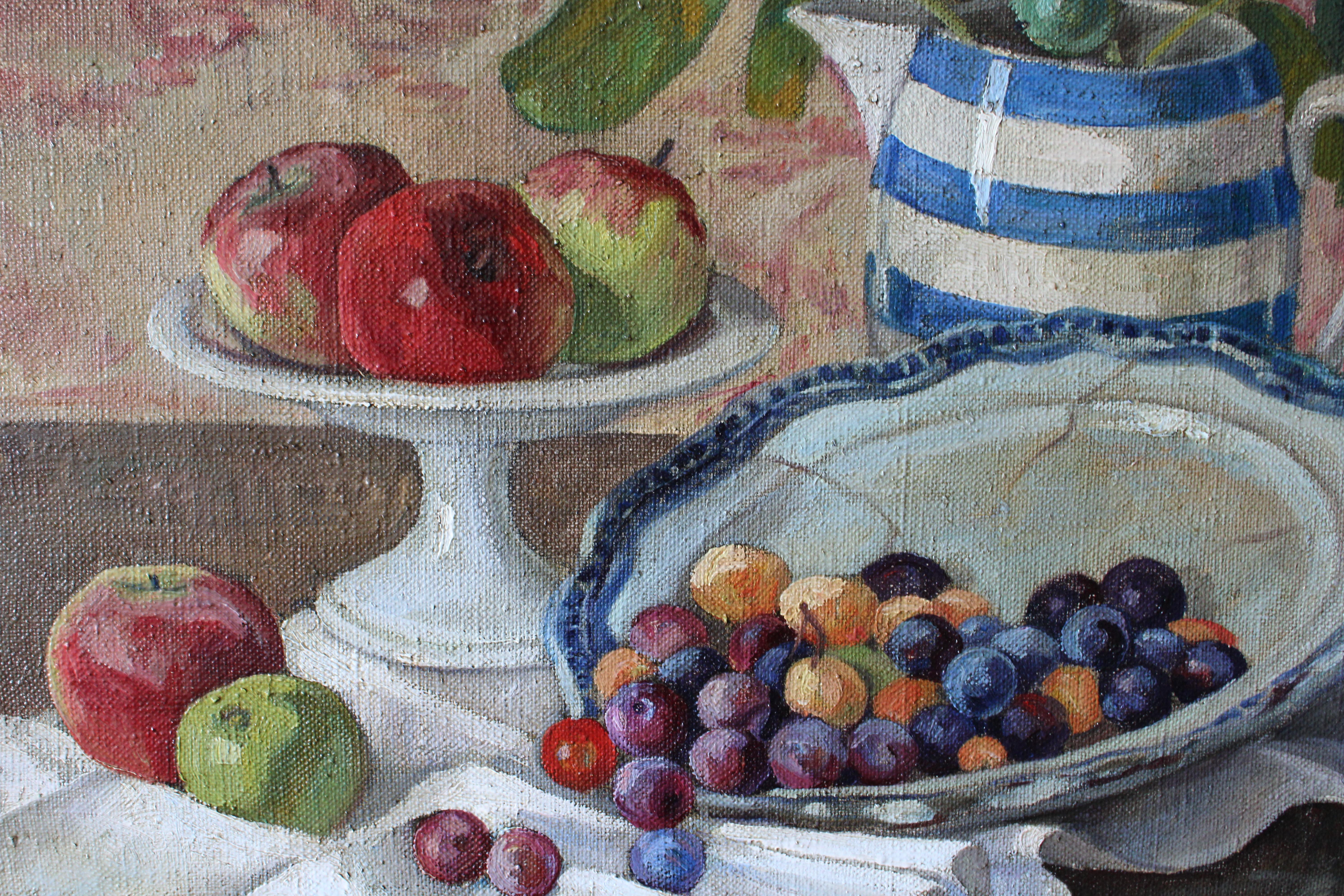Natura morta di frutta con mele e prugne Natura morta francese degli anni '30 in vendita 3