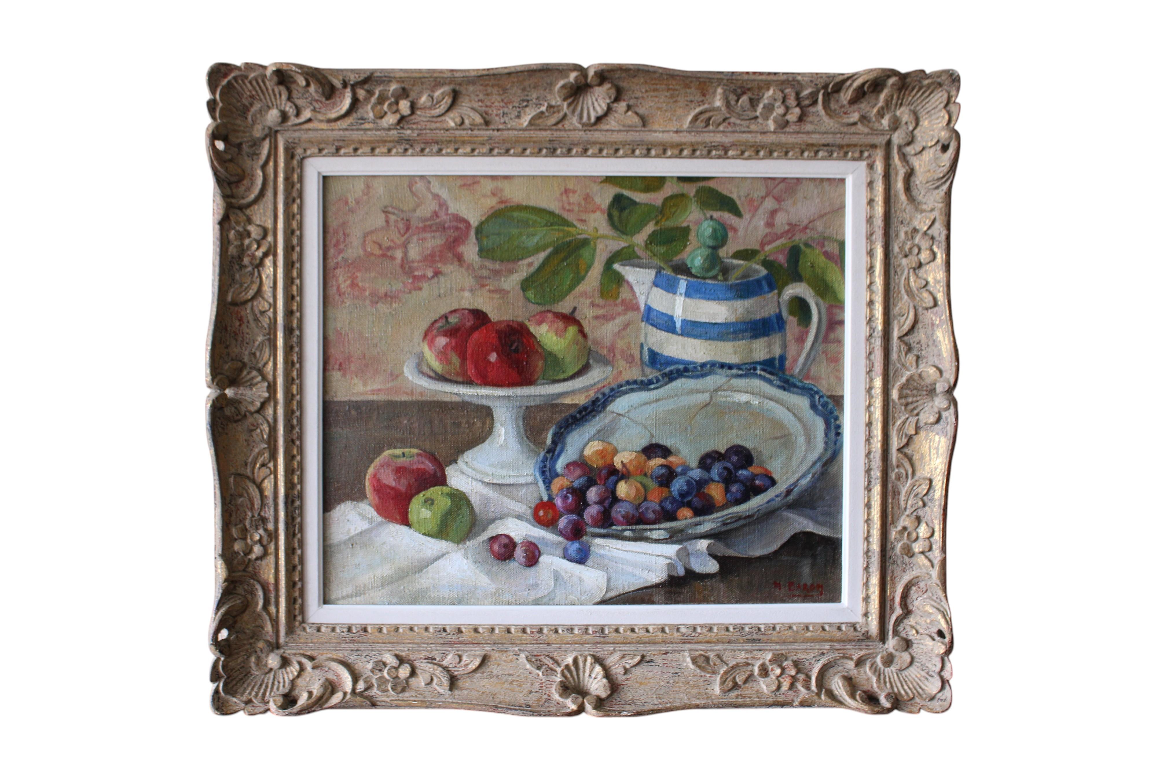 Still-Life Painting di Unknown - Natura morta di frutta con mele e prugne Natura morta francese degli anni '30