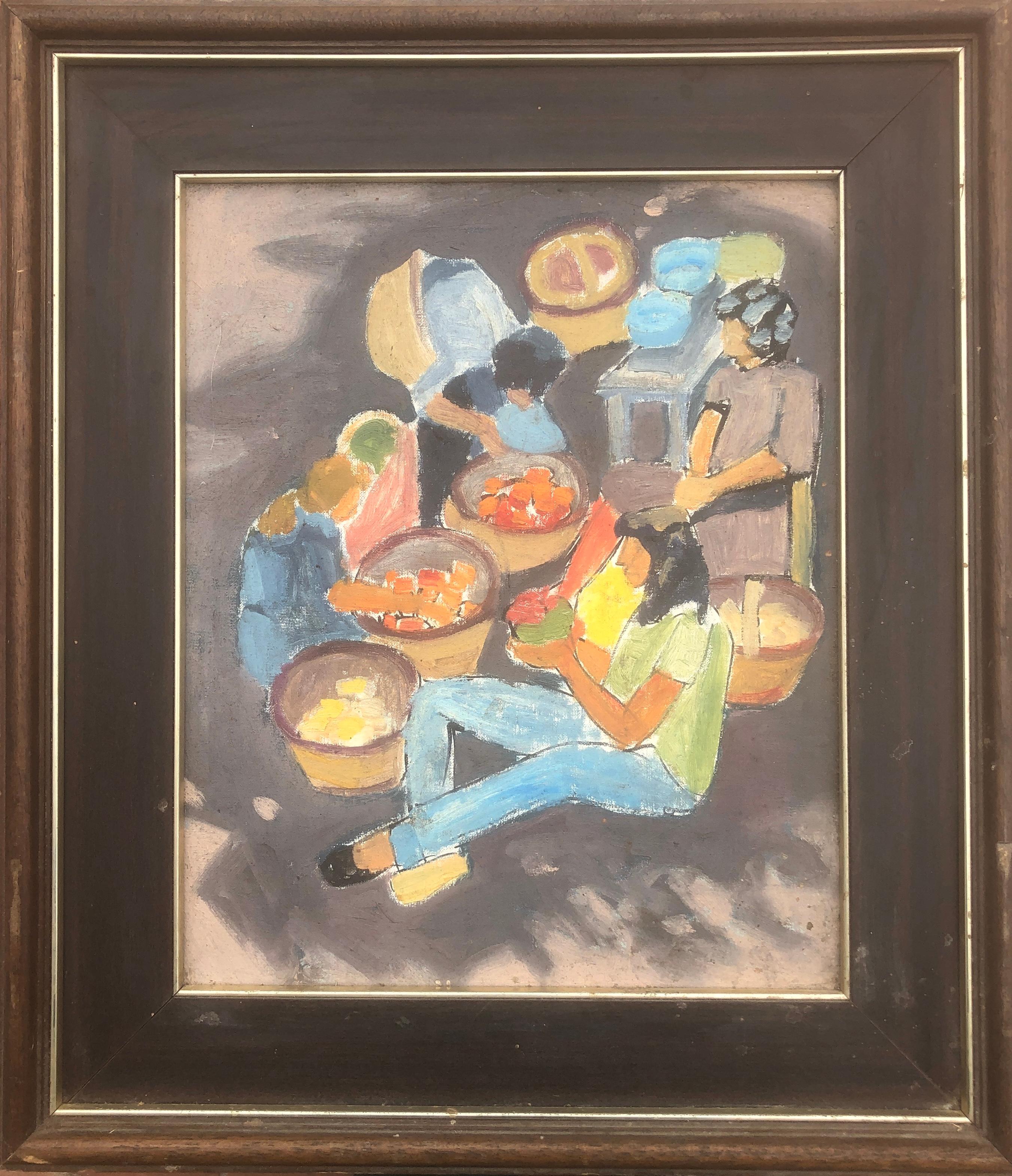 Fruit vendors oil on board painting fauvist - Painting by Unknown