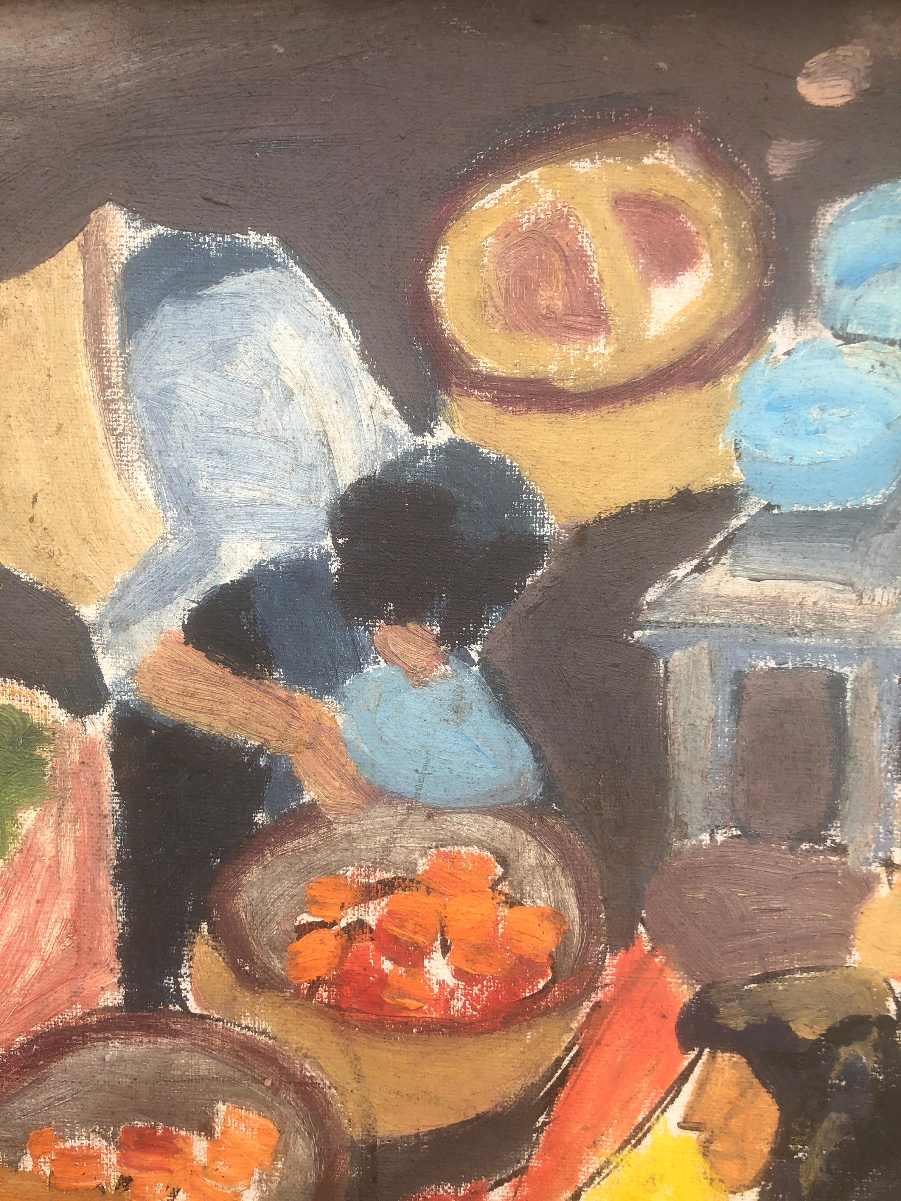 Fruit vendors oil on board painting fauvist For Sale 1