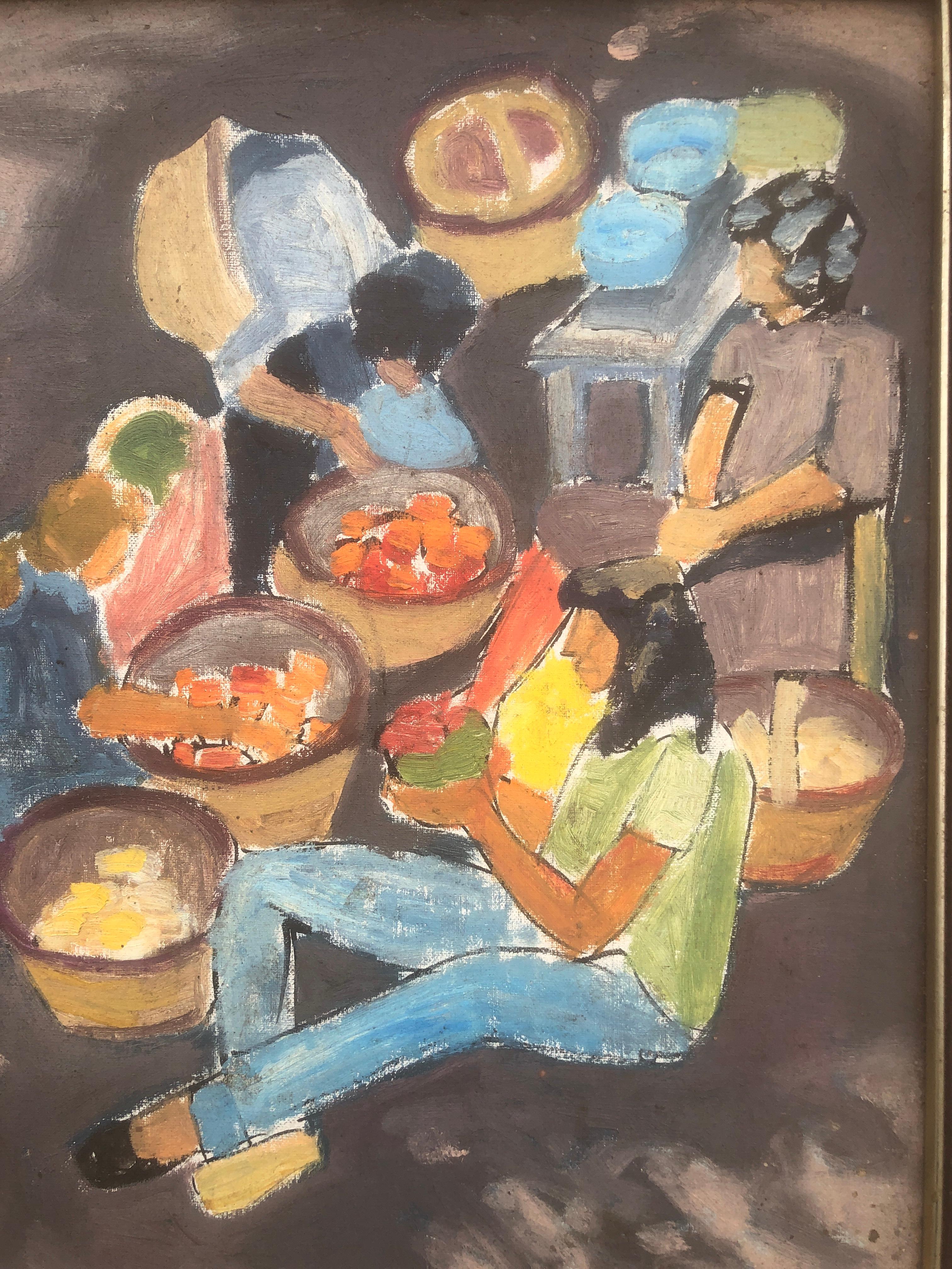 Fruit vendors oil on board painting fauvist For Sale 3