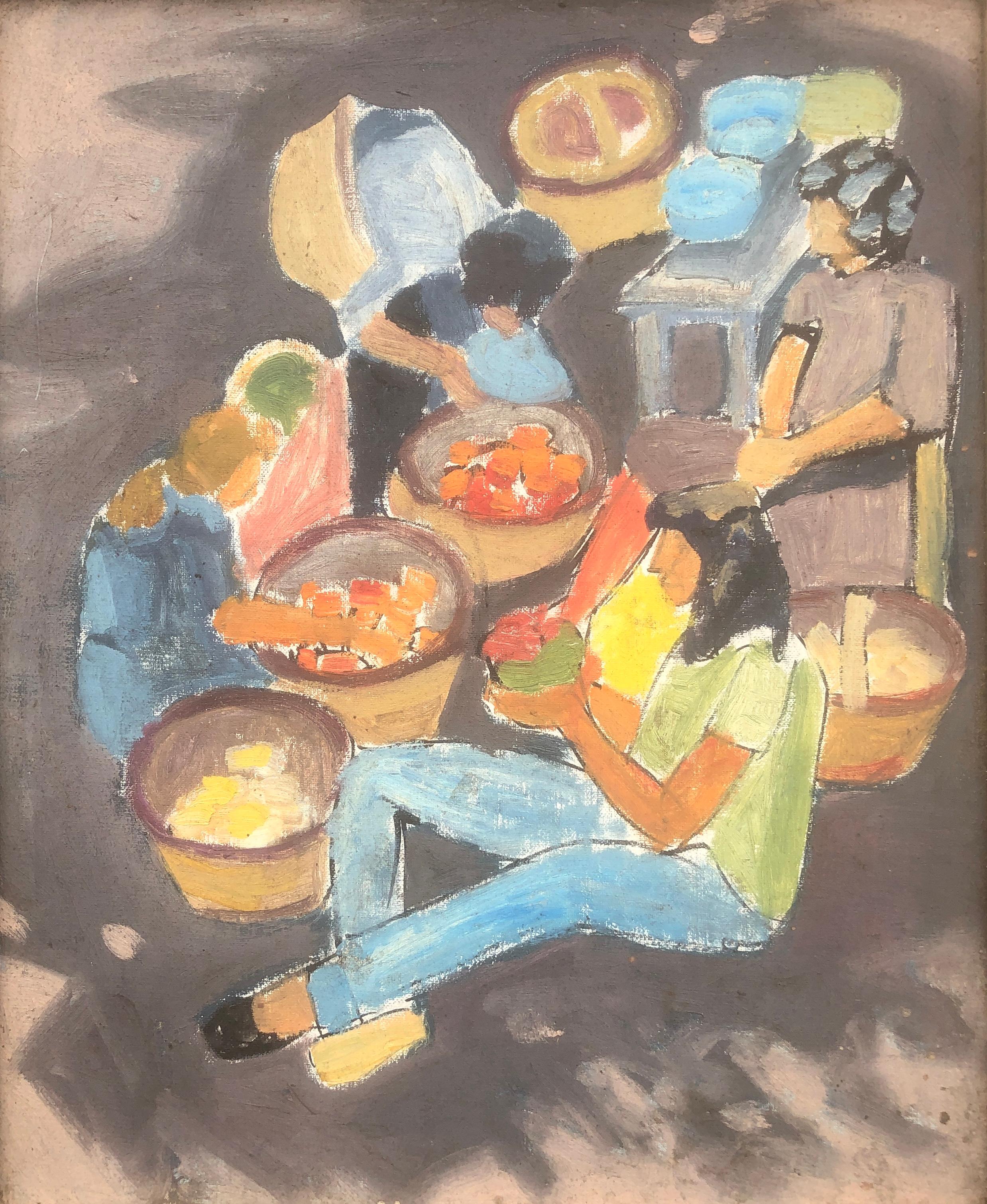 Unknown Figurative Painting - Fruit vendors oil on board painting fauvist