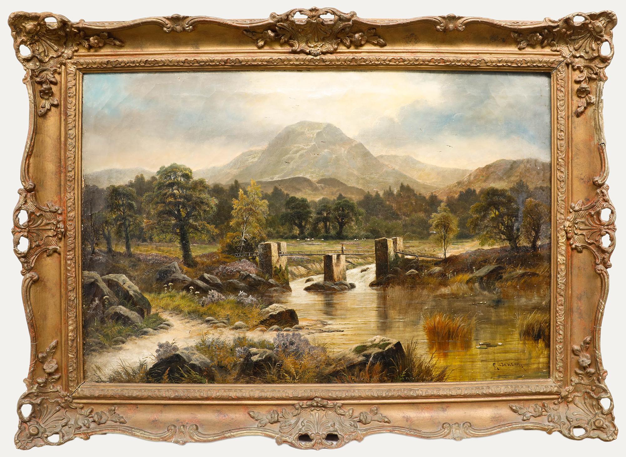 G. Dawson - Huile encadrée de la fin du 19e siècle, Pêche depuis le pont Highland
