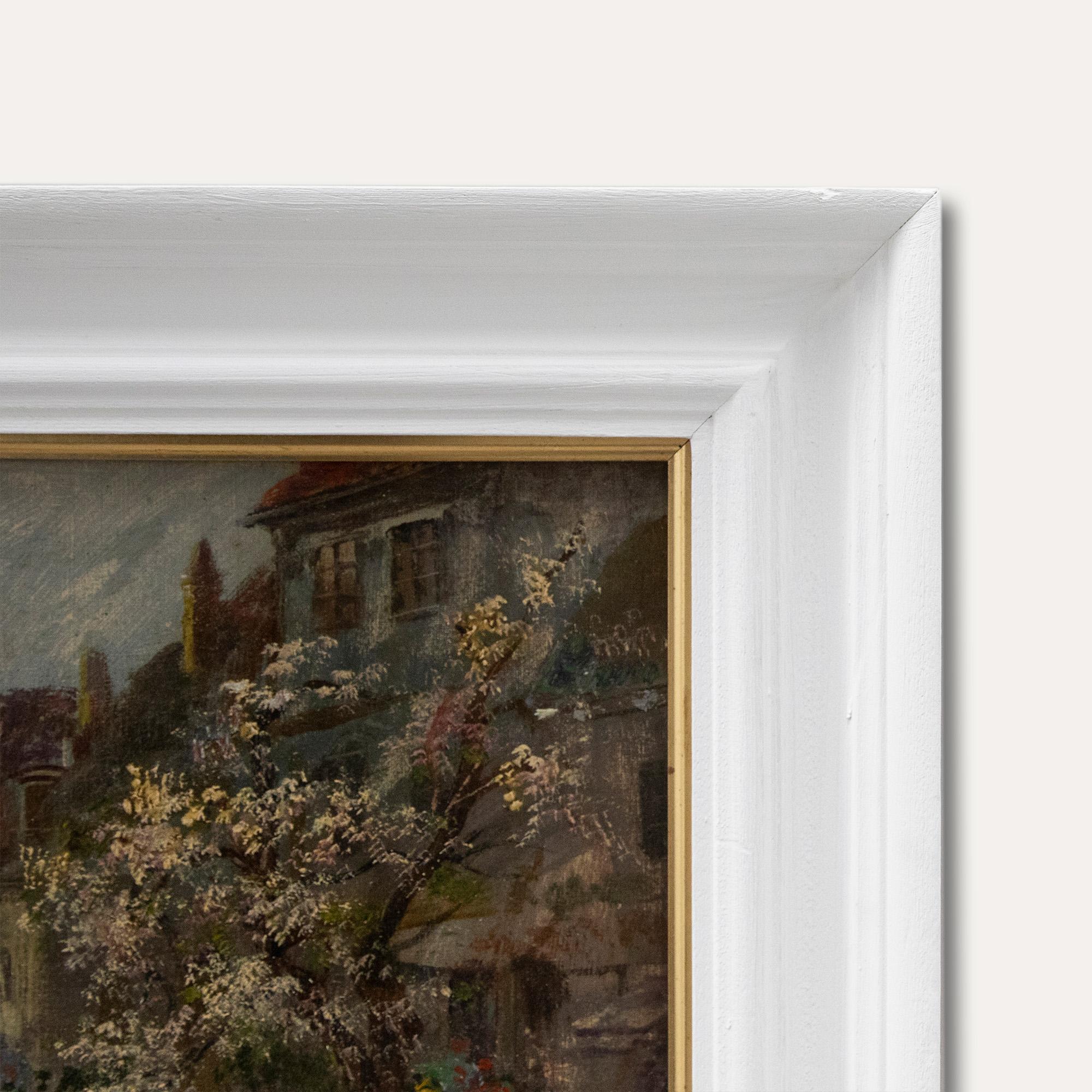 A charming depiction of a quiet town square with cherry tree in blossom and chickens scratching in the foreground. Well-presented in a white wooden frame with a fine gilt window. Signed to the lower left. On canvas on stretchers.