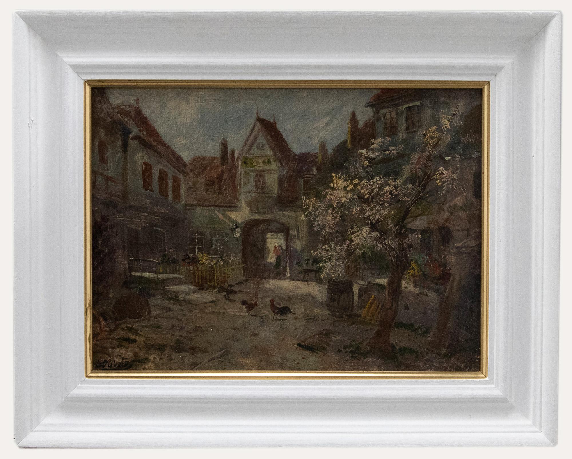Unknown Landscape Painting - G. Dubois - Framed Early 20th Century Oil, Town Scene with Chickens