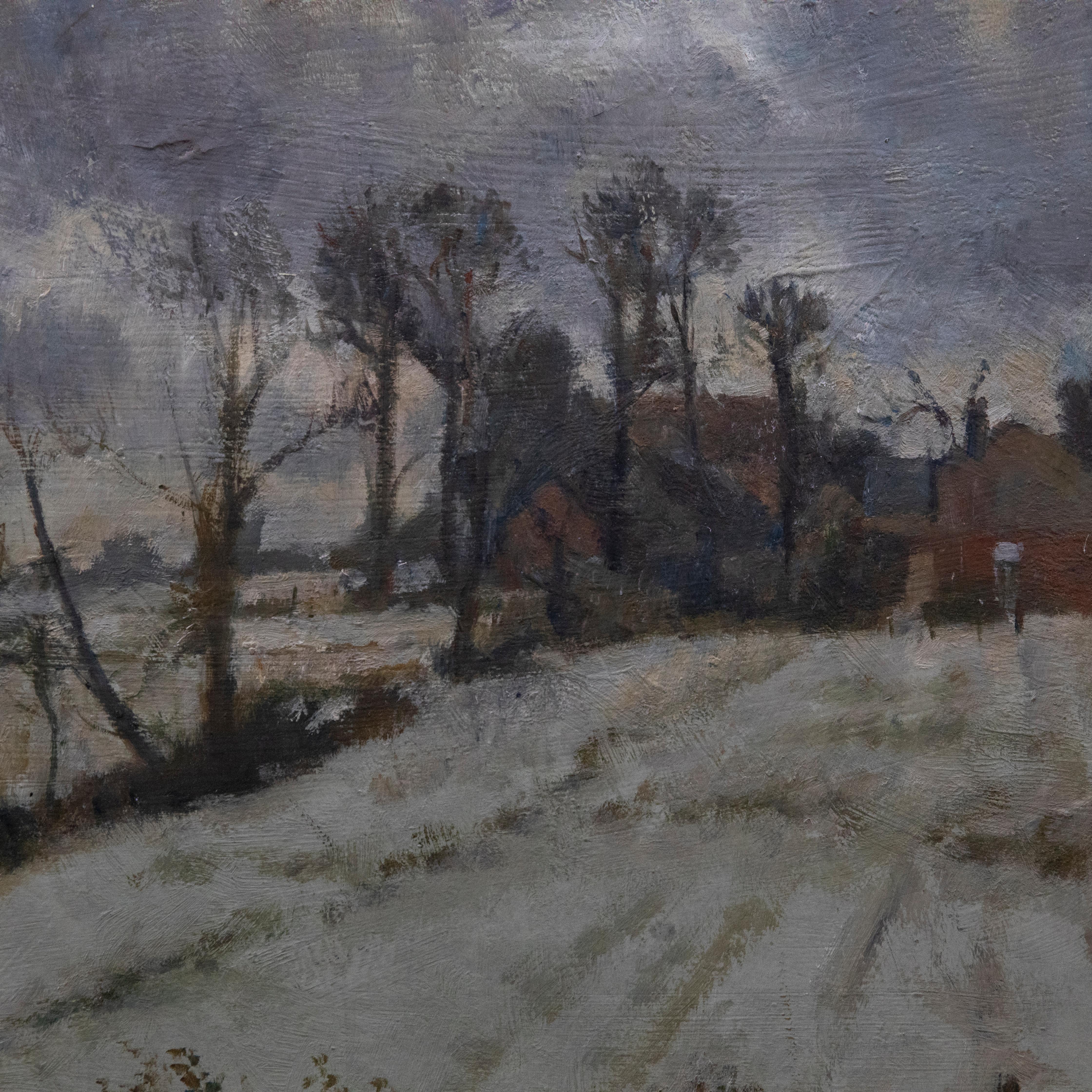 Une étude impressionniste d'une ferme isolée, frappée par le gel d'un hiver rigoureux. L'artiste a signé la scène en bas à gauche. Sur toile marouflée sur carton. 