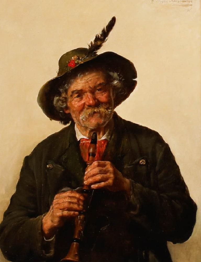 G. Hugo Kotschenreiter (1854-1908) - Framed 1891 Oil, Tyrolean with Clarinet - Painting by Unknown