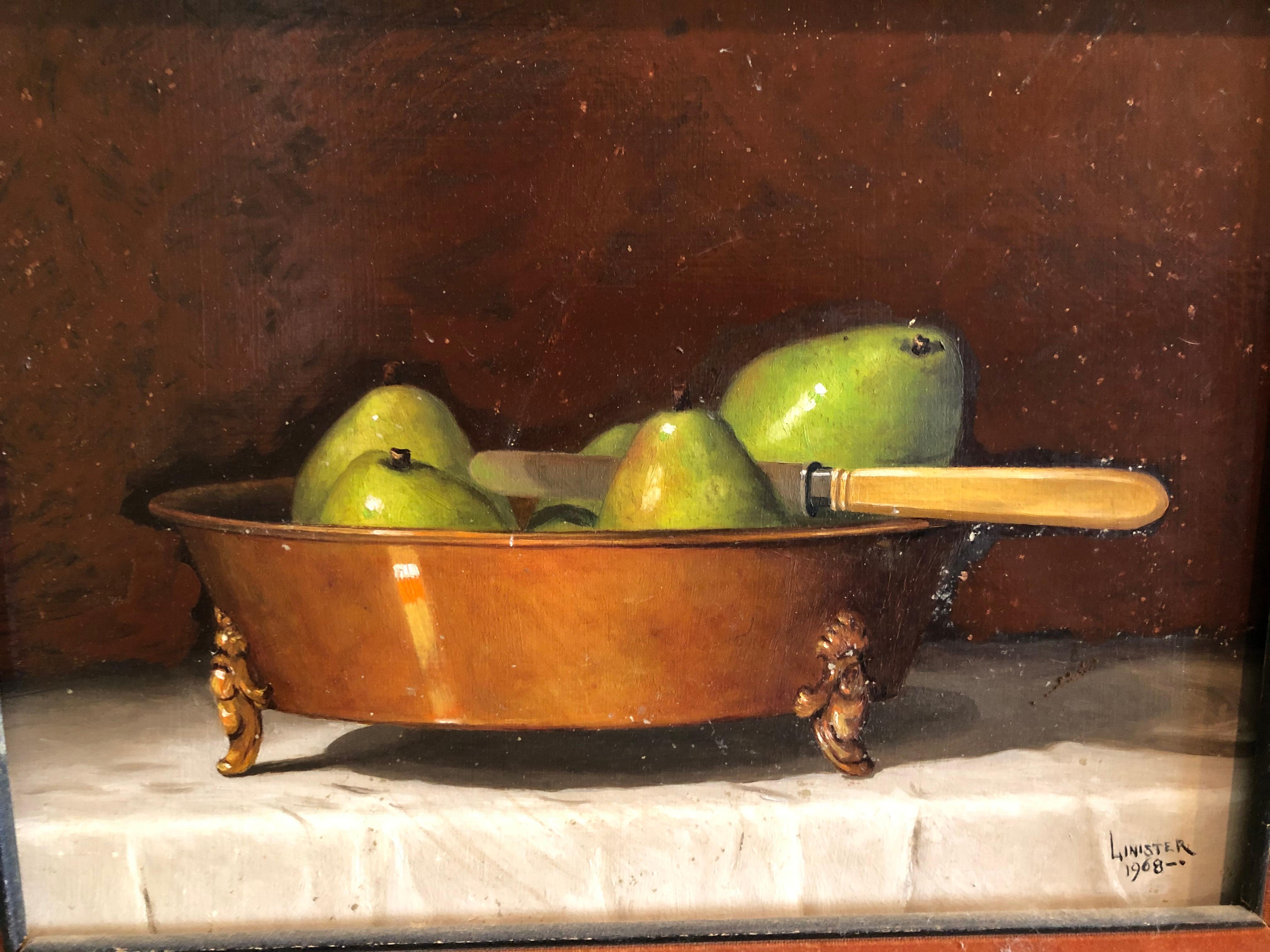 Unknown Still-Life Painting - G. Linister Smith Oil on Board "Pears"