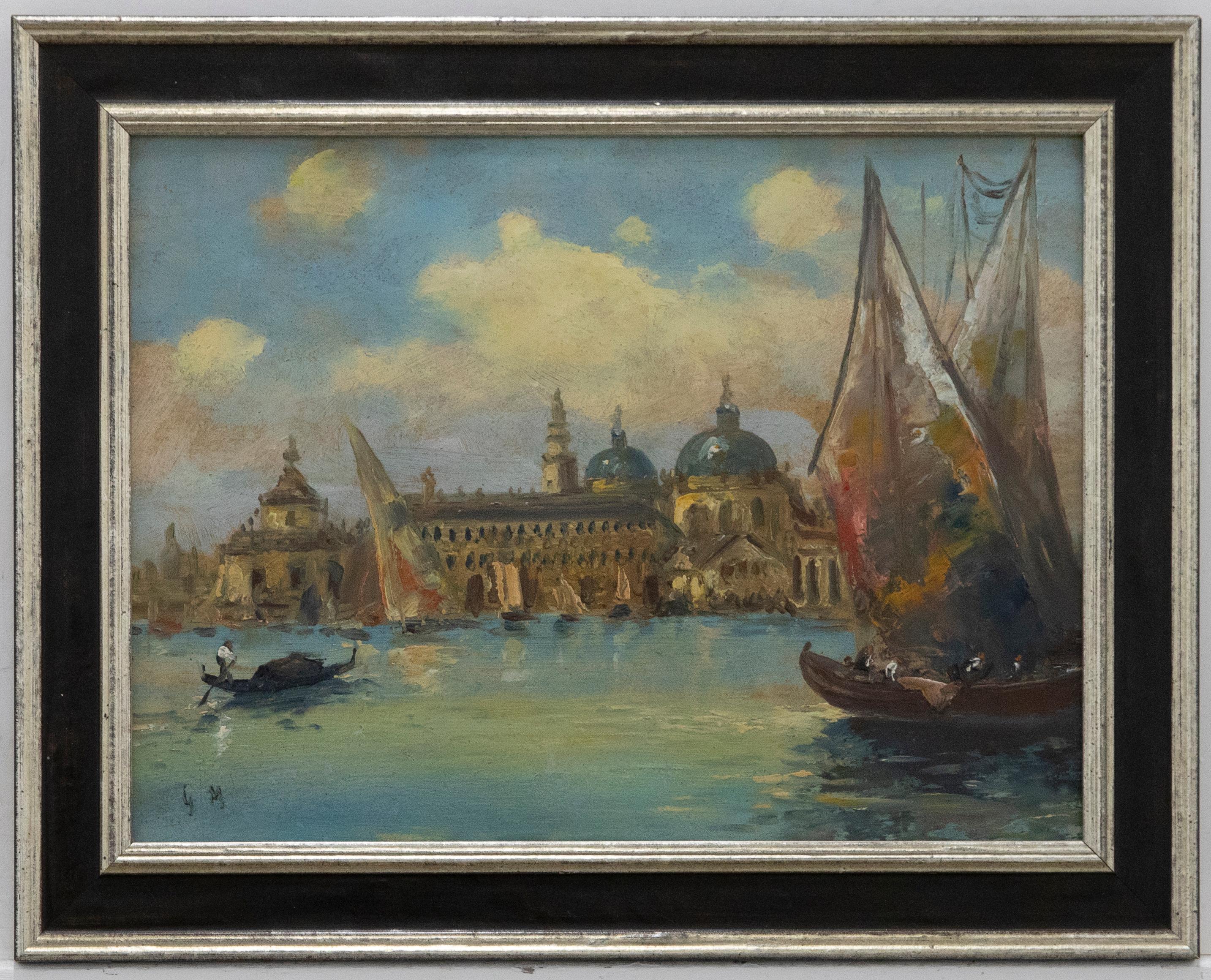 A fine 20th Century oil view of Venice in the sunlight, with the imposing and infamous silhouette of the Basilica di Santa Maria della Salute dominating the skyline. The artist has initialed to the lower left corner and the painting has been