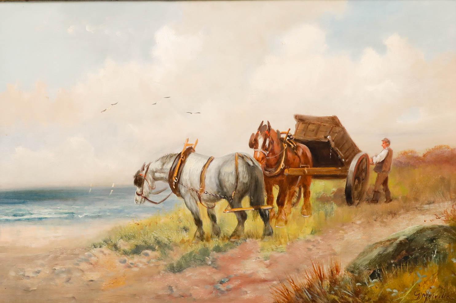 G. Melville  - Huile du début du 20e siècle, Shire Horses By The Coast - Painting de Unknown