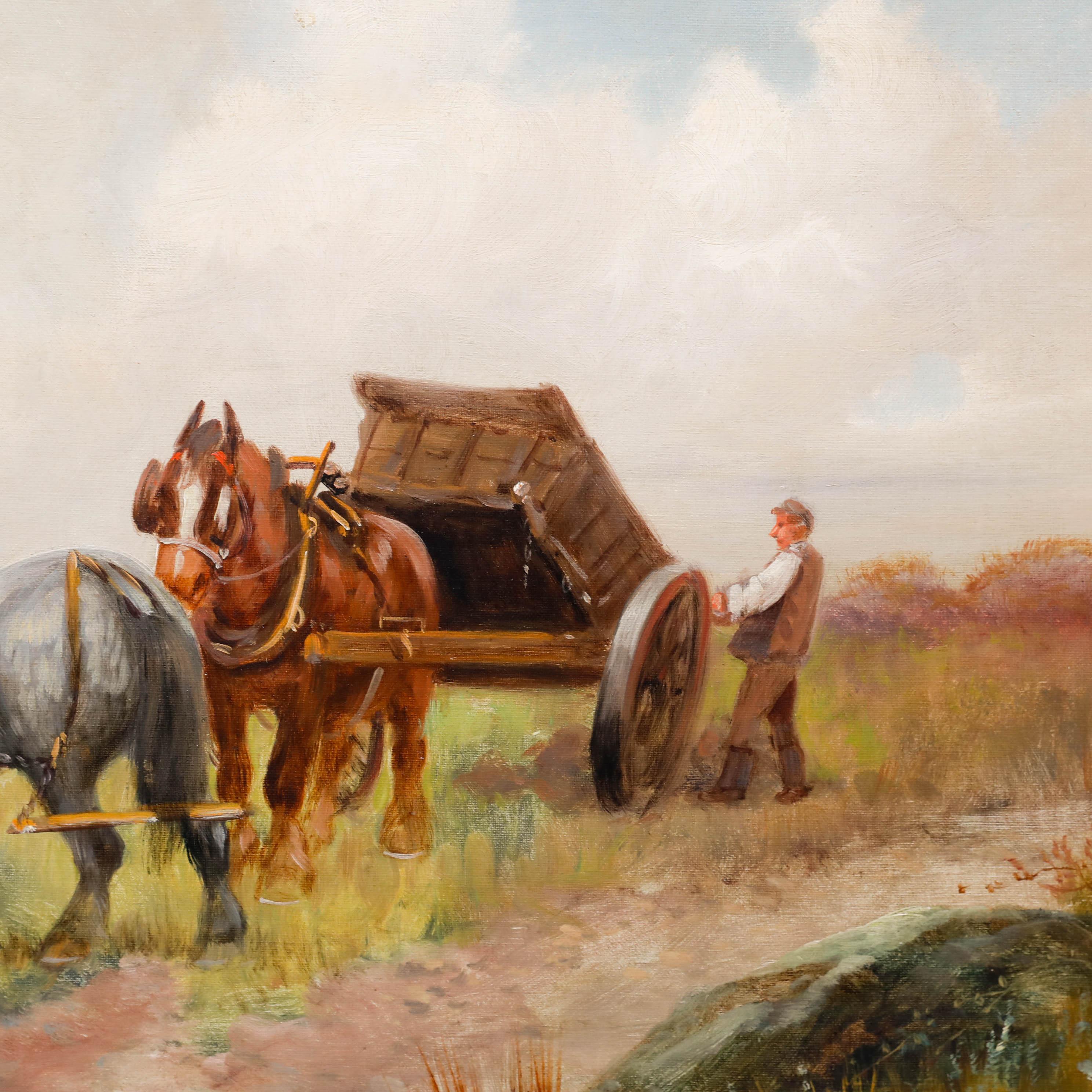 G. Melville  - Huile du début du 20e siècle, Shire Horses By The Coast - Beige Animal Painting par Unknown