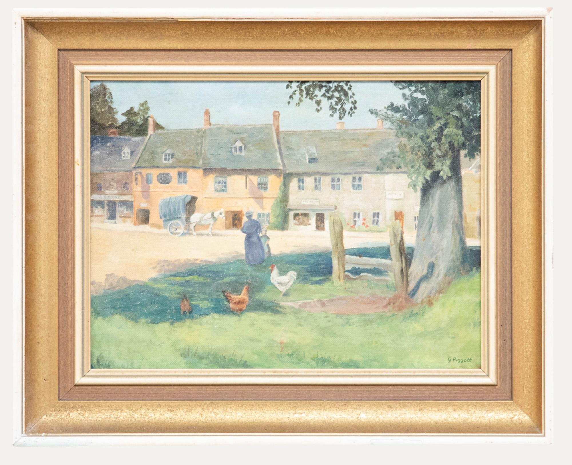 Unknown Landscape Painting – G. Piggott  - Öl des 20. Jahrhunderts, Morgen im Dorf