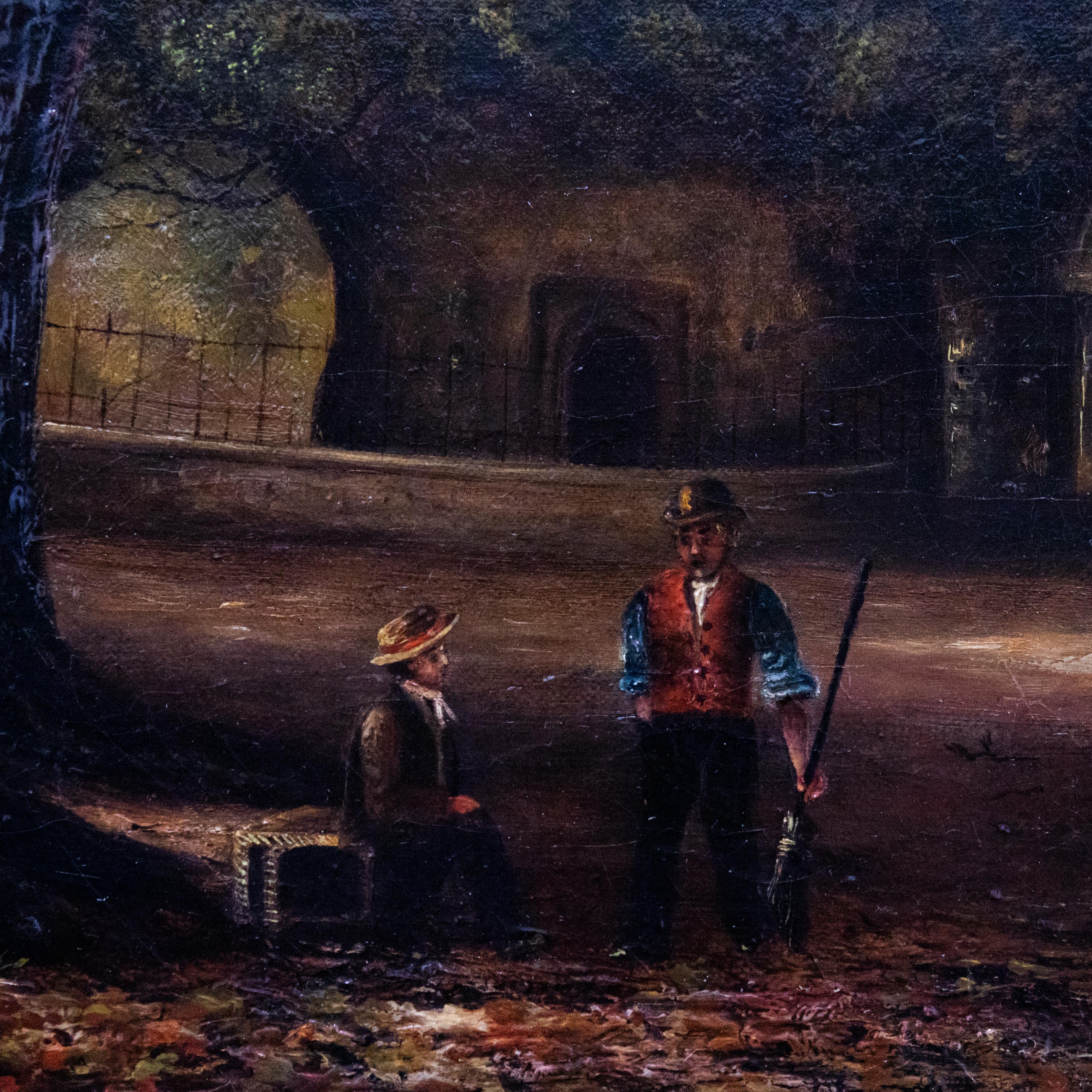 Una dettagliata scena di paesaggio all'interno del parco della cattedrale, con lo sguardo rivolto verso la vecchia ala del college e il campanile della cattedrale in vista. Si vede un giardiniere che conversa con una seconda figura in primo piano,