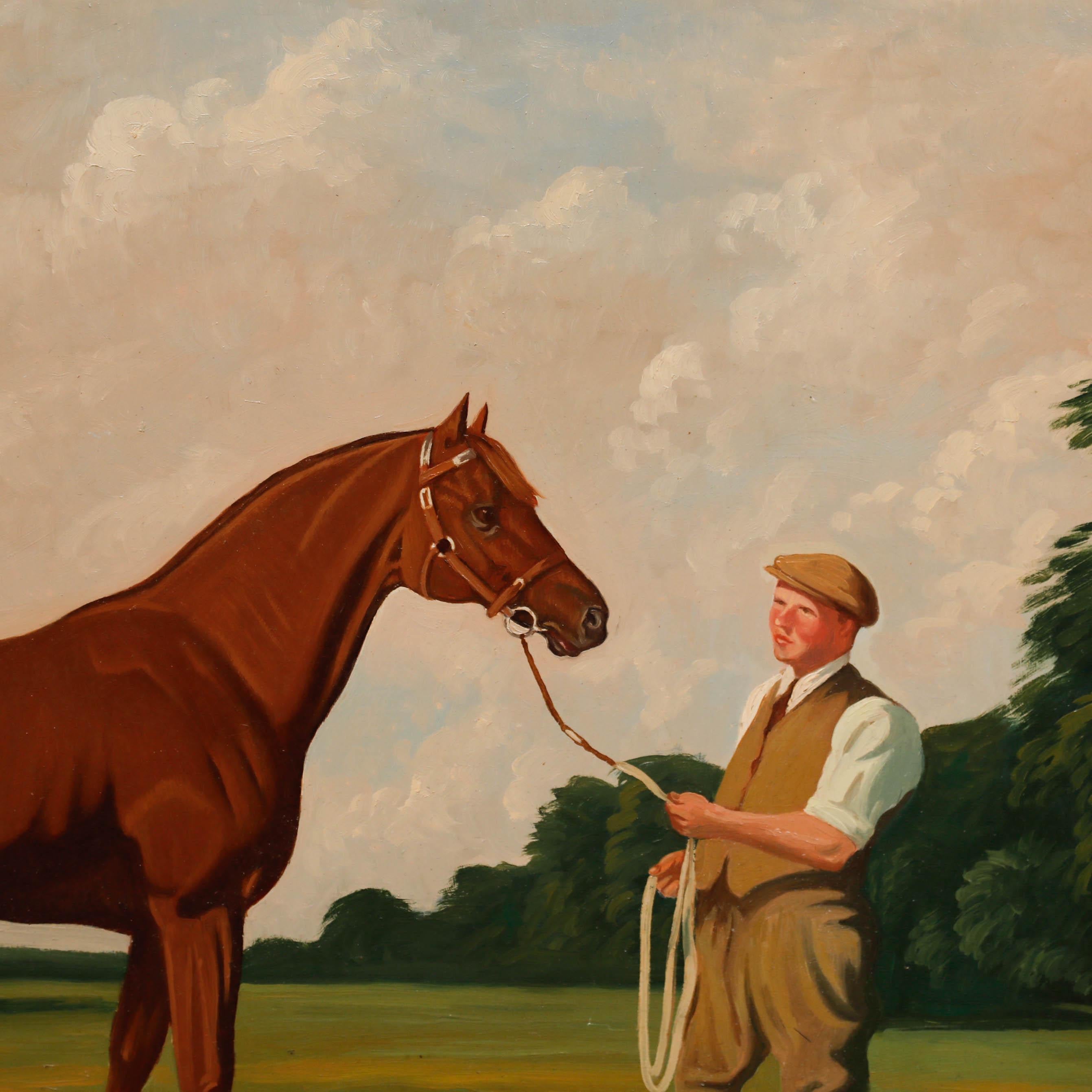 A charming study of a thoroughbred stallion and his groom in a landscape. Signed. Presented in a gilt frame with an egg and dart running pattern. On board.